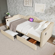 Logidon gestoffeerde slaapbank 90x200 beige USB-oplaadfunctie 2 compartimenten