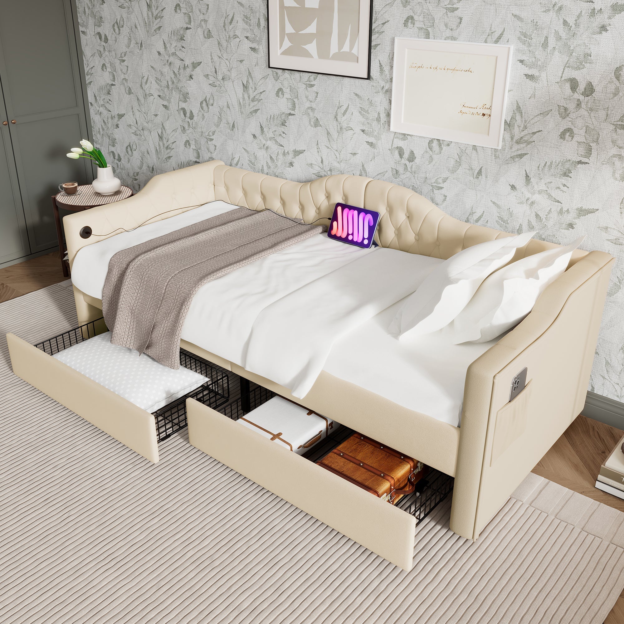 Logidon gestoffeerde slaapbank 90x200 beige USB-oplaadfunctie 2 compartimenten