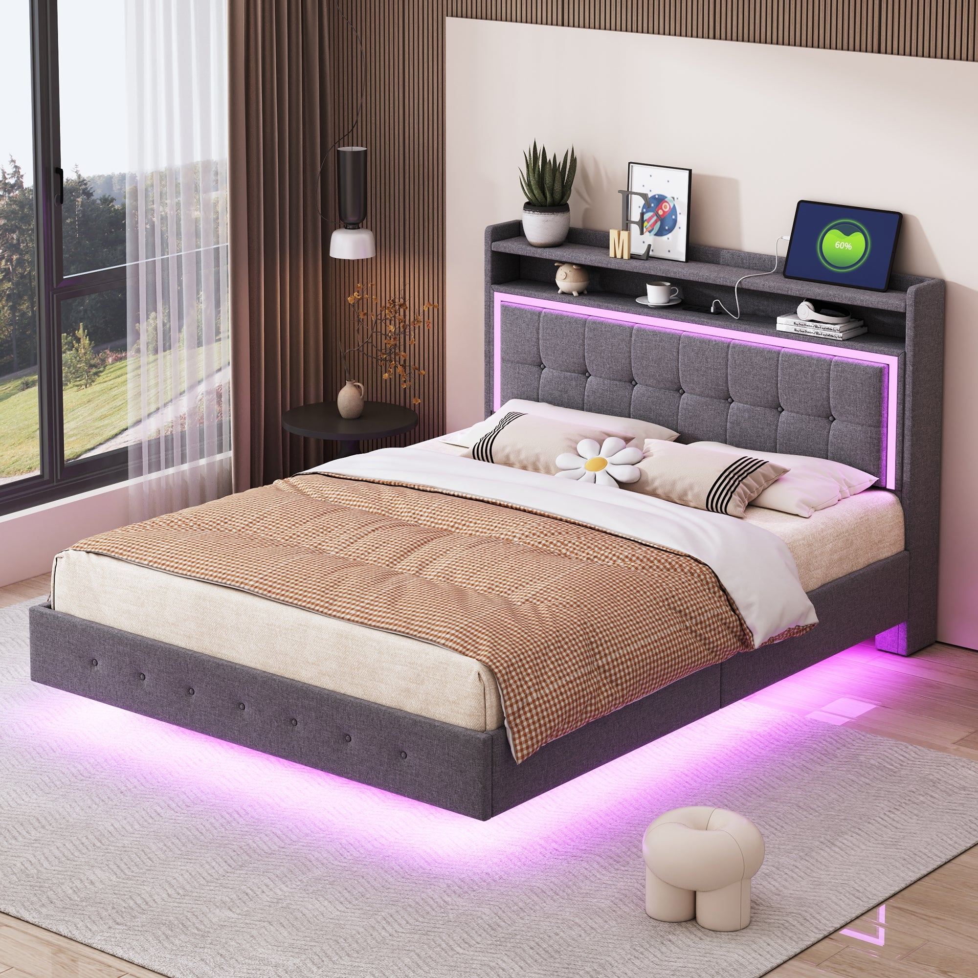 Logidon gestoffeerd bed 140x200 grijs met USB LED verlichting