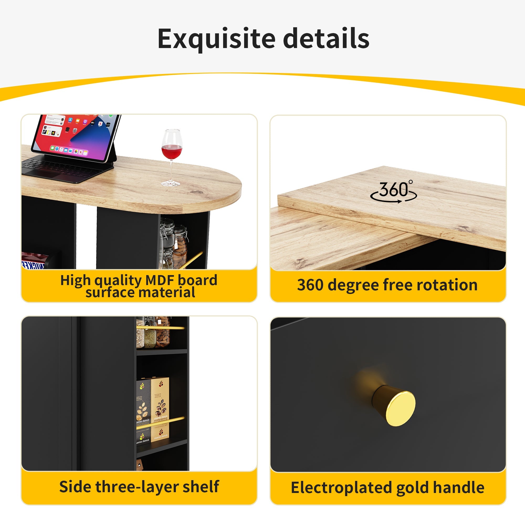 Logidon 360° draaibare bartafel 138 cm zwart met 2 lades