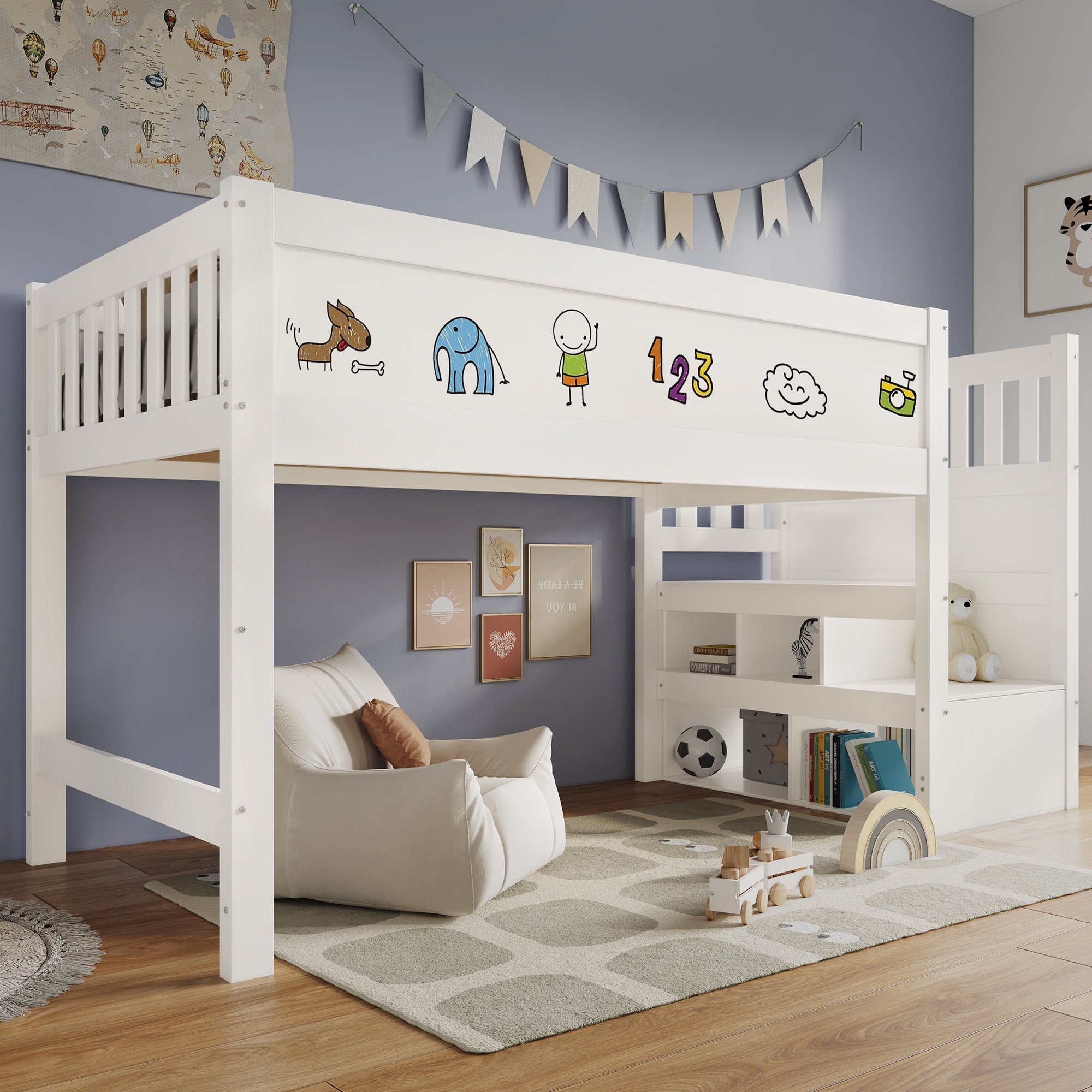 Logidon hoogslaper 90x200 kinderbed met whiteboard wit