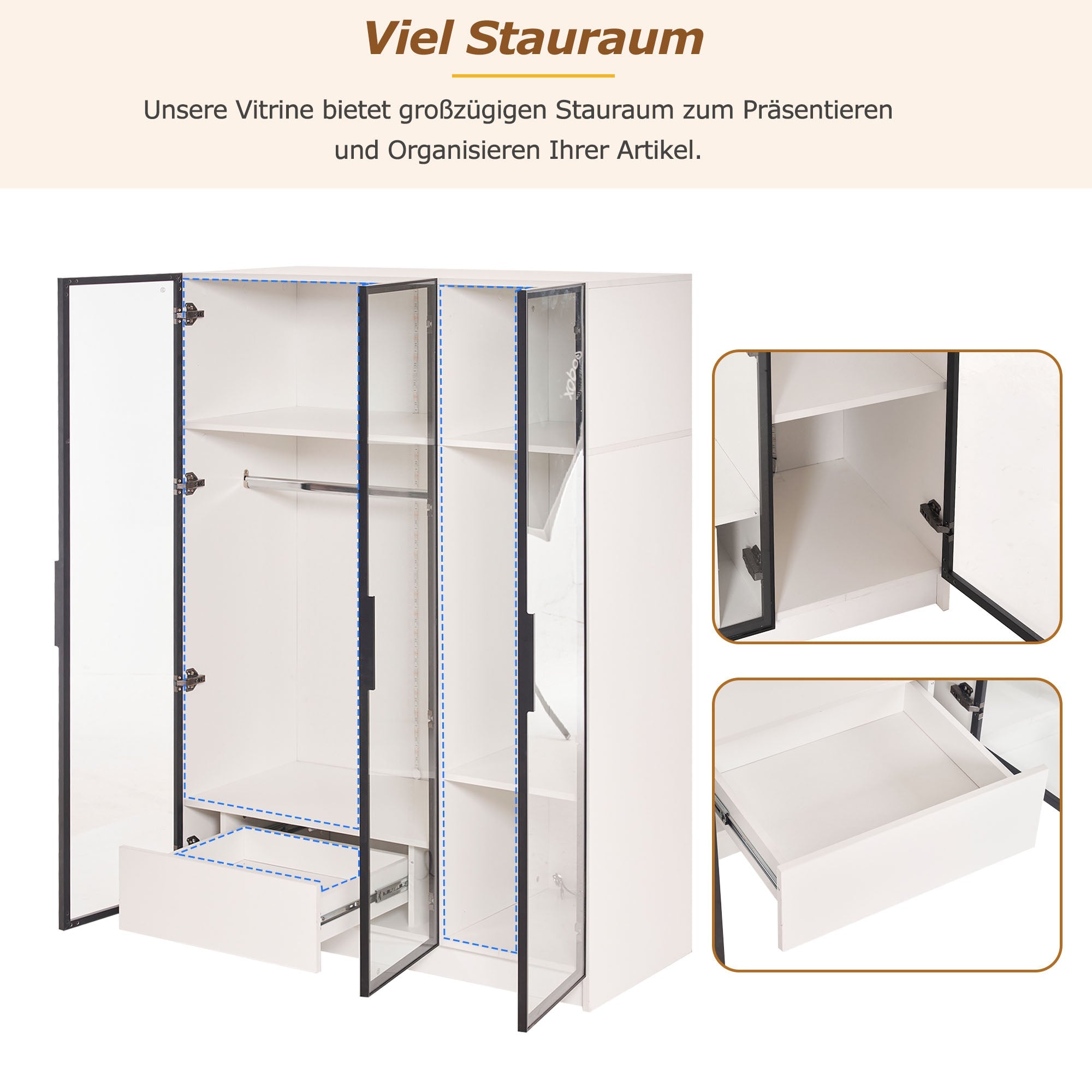 Logidon Witte kledingkast 110x50x160 cm met 3 glazen deuren LED