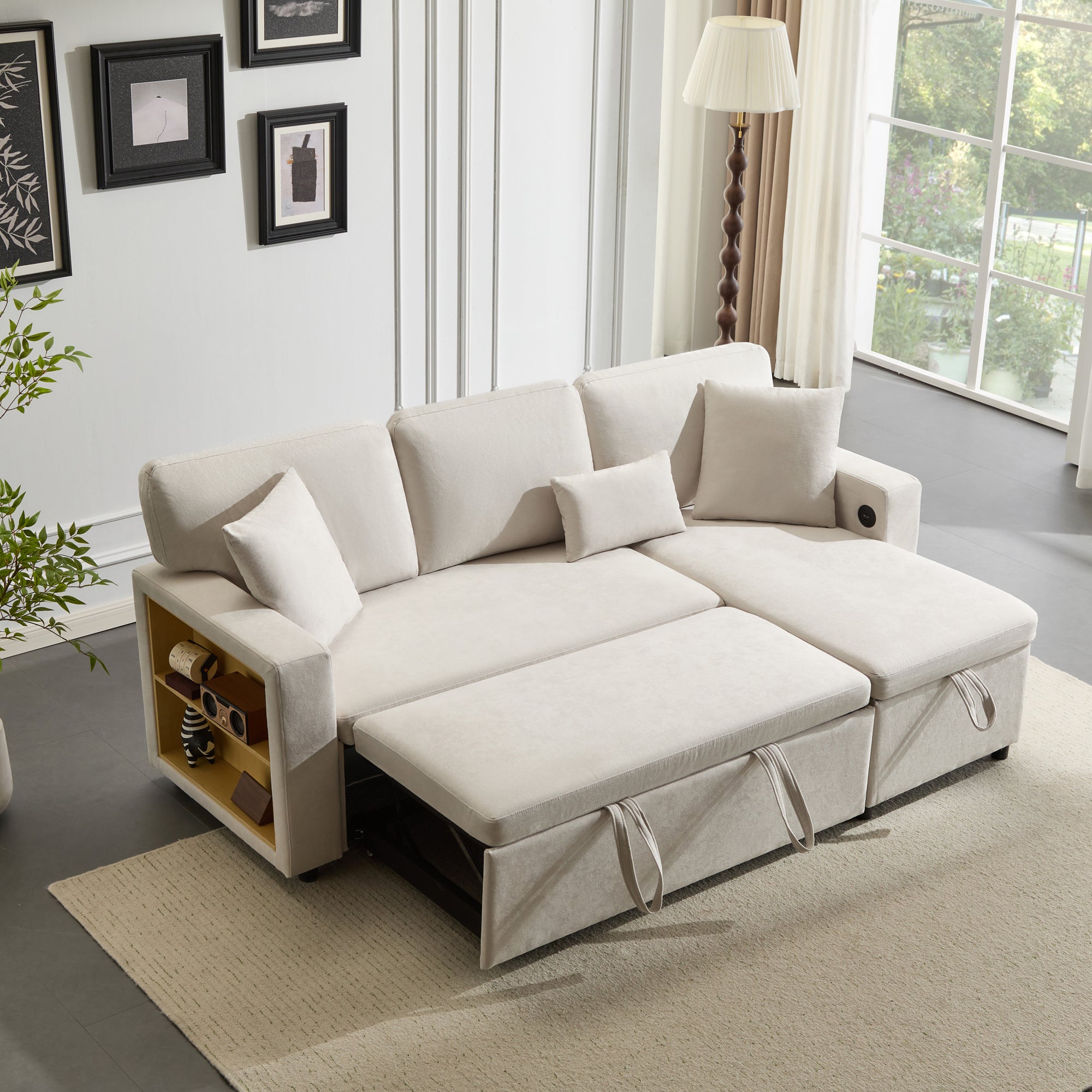 Logidon corner sofa bed L-shape extendable beige with bed box shelf