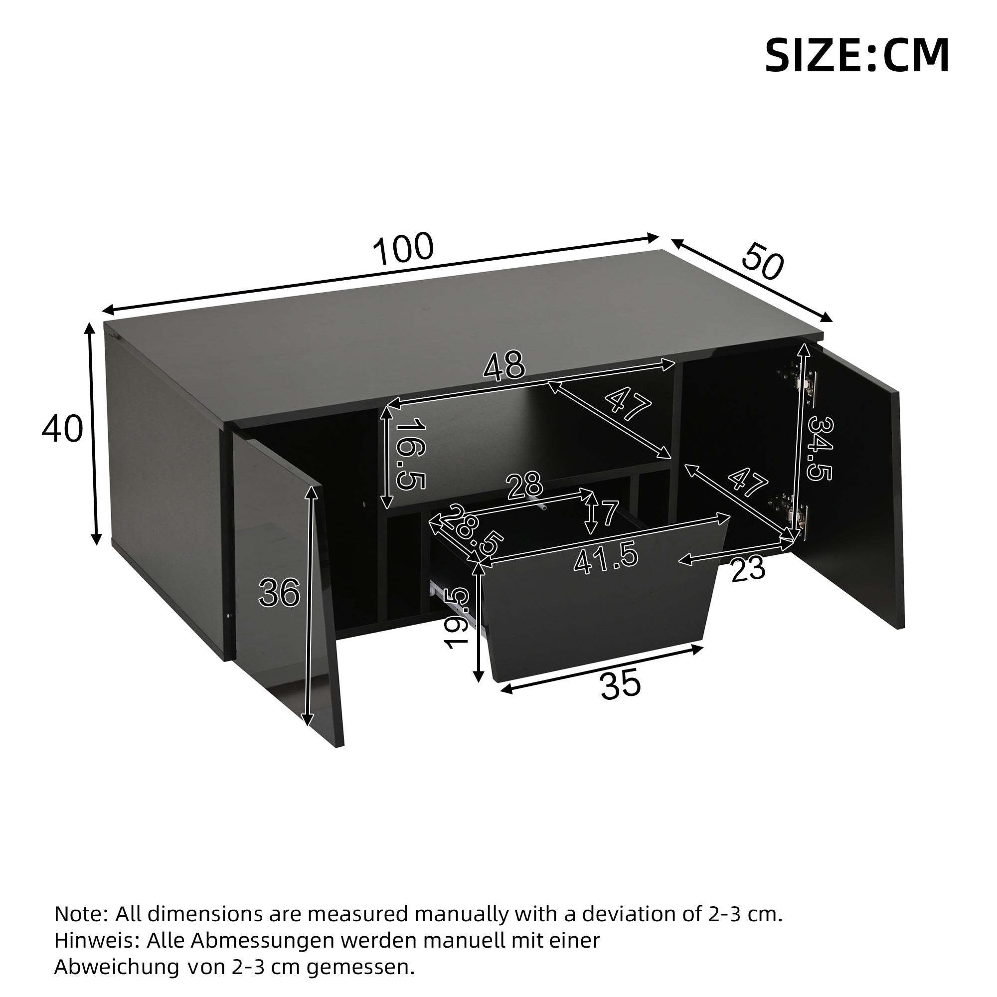 Logidon salontafel 100x50x40 cm zwart met LED 2 kasten 1 lade