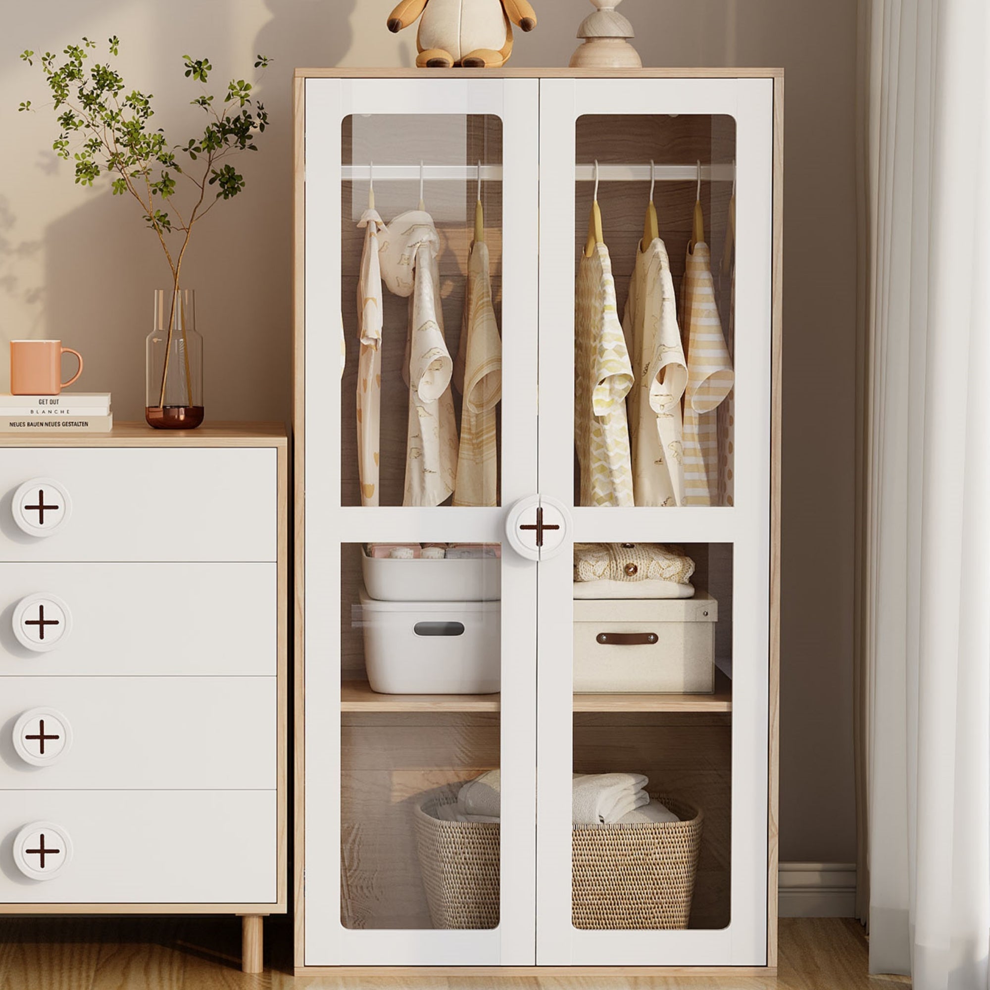 Logidon kinderkledingkast met glazen fronten, 80x50x150 cm, wit hout