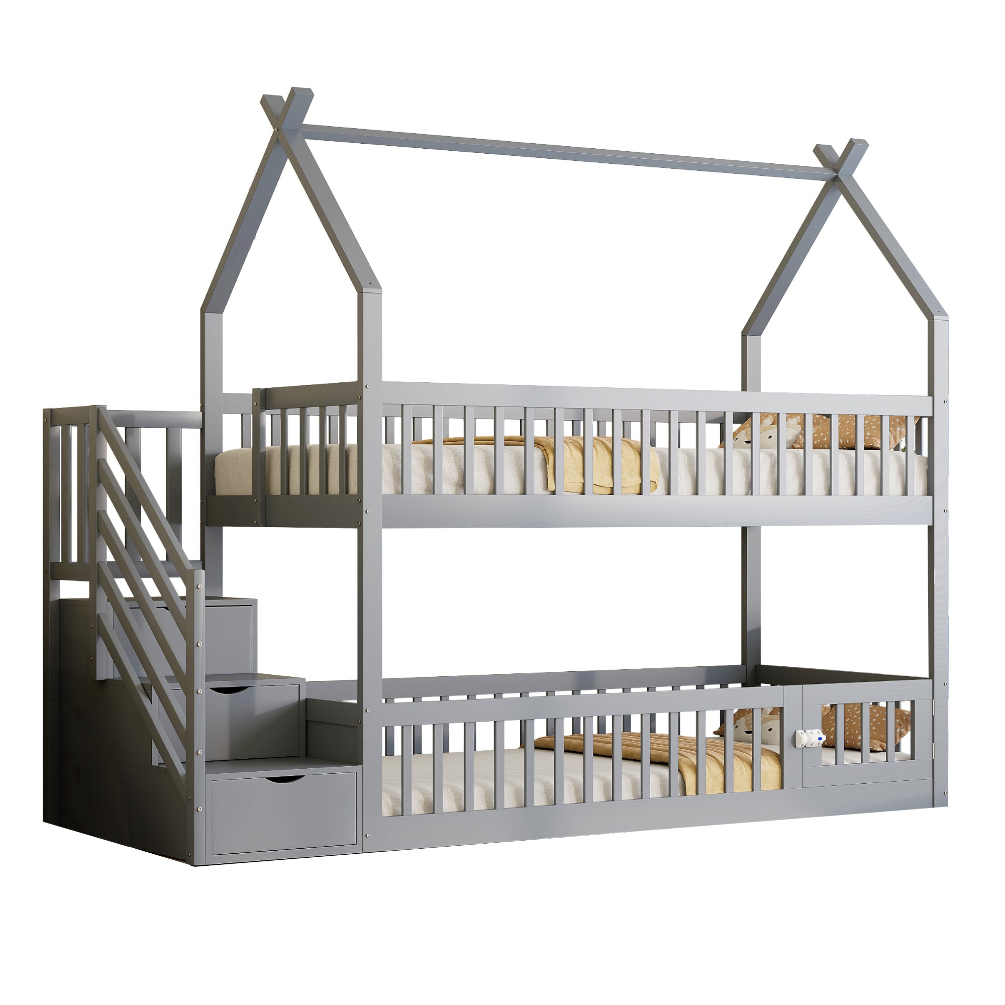 Logidon stapelbed 90x200 grijs met dakveiligheidstrap opbergruimte