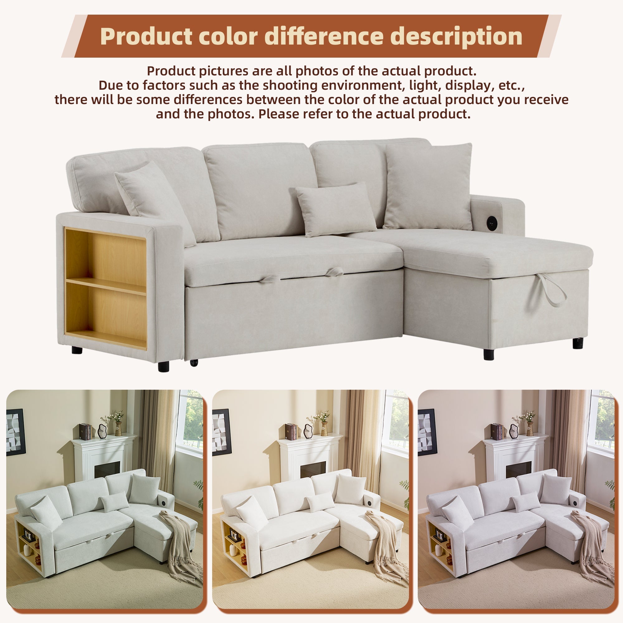 Logidon corner sofa bed L-shape extendable beige with bed box shelf