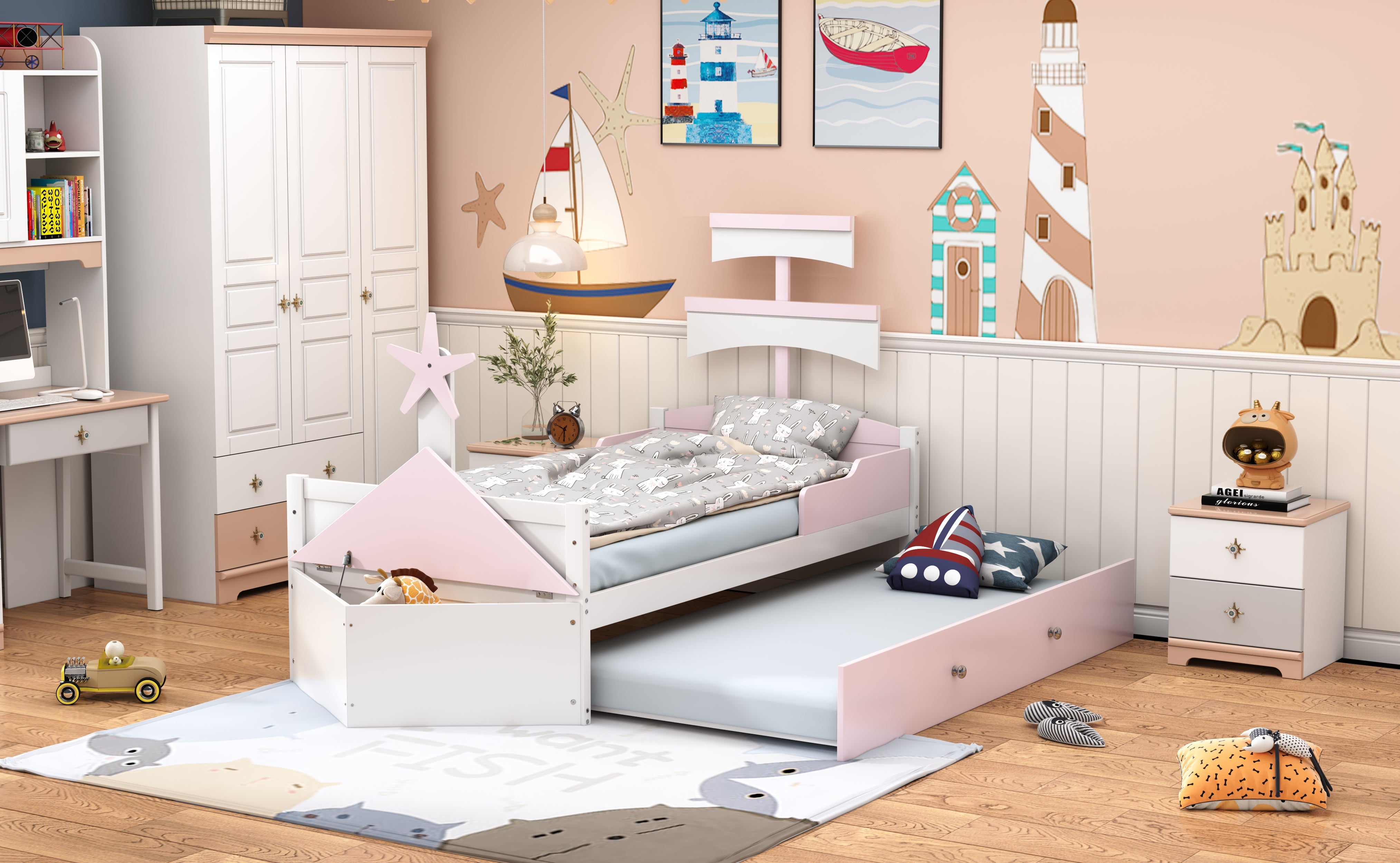 Logidon kinderbed hout roze zeilbootvorm 90x200 met uitschuifbaar bed
