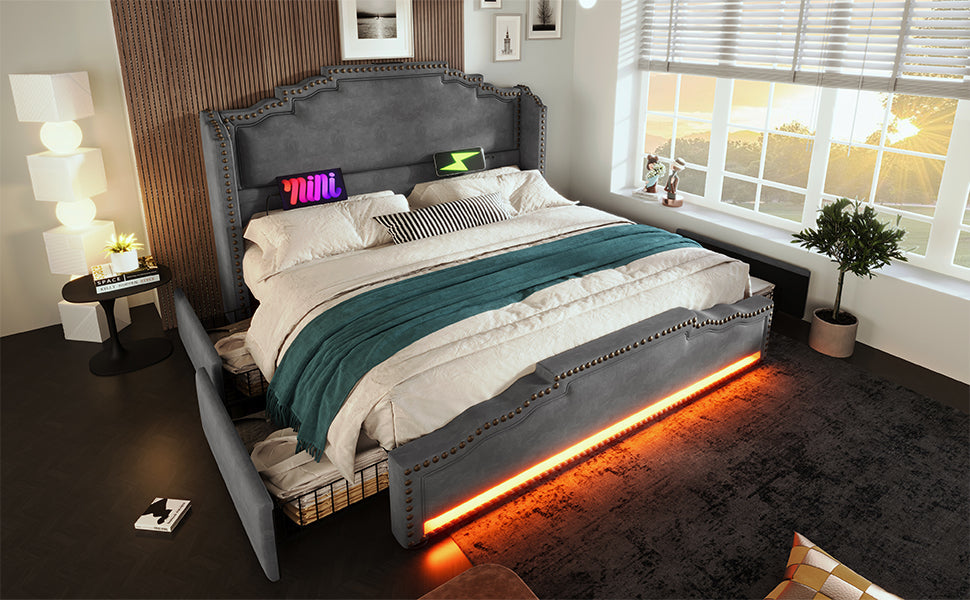 Logidon gestoffeerd bed 140x200 grijs fluweel met 4 lades en USB C