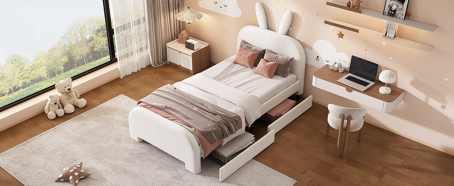 Logidon Flat Bed 90x200 cm Rabbit Shape White With 2 Drawers