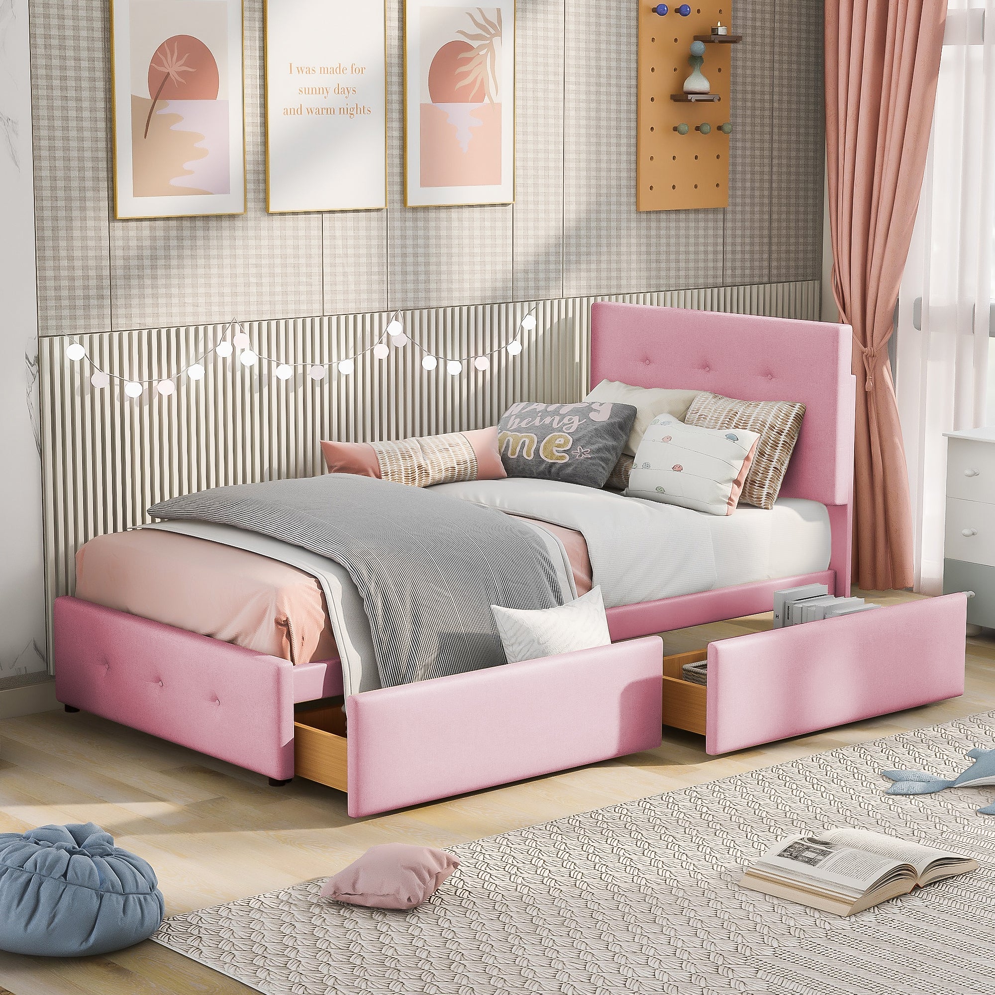 Logidon gestoffeerd bed 90x200 roze fluweel met lattenbodem twee lades