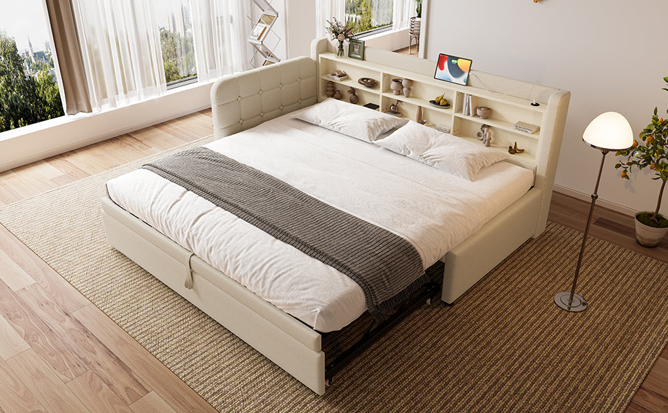 Logidon Daybed 90x200 beige linnen uitschuifbare slaapbank USB Type C