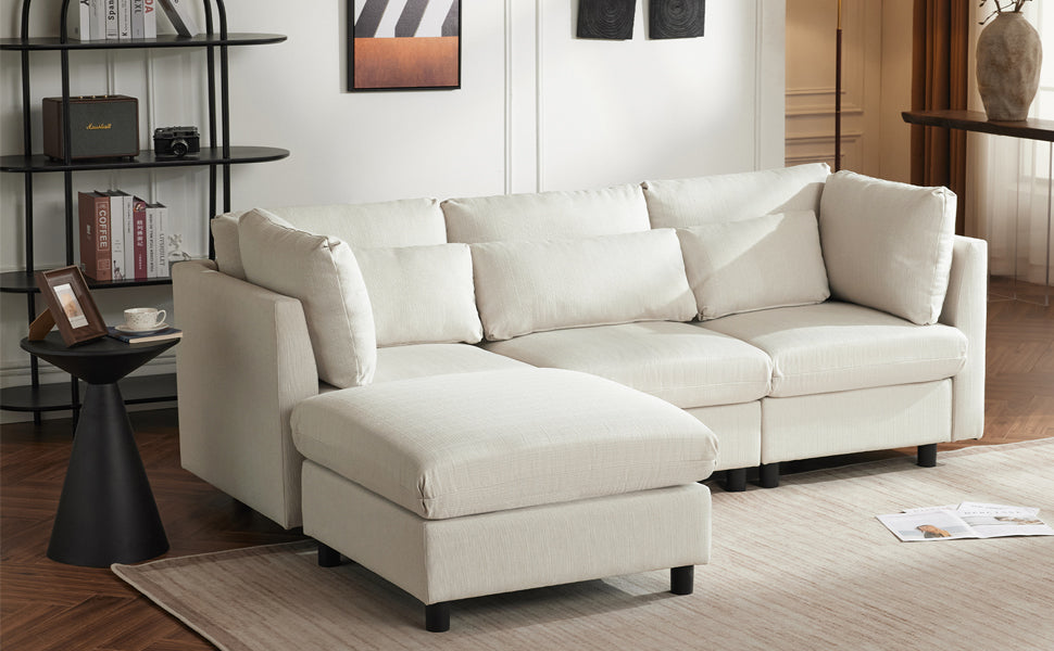 Logidon hoekbank beige stof moderne driezitsbank met voetenbank