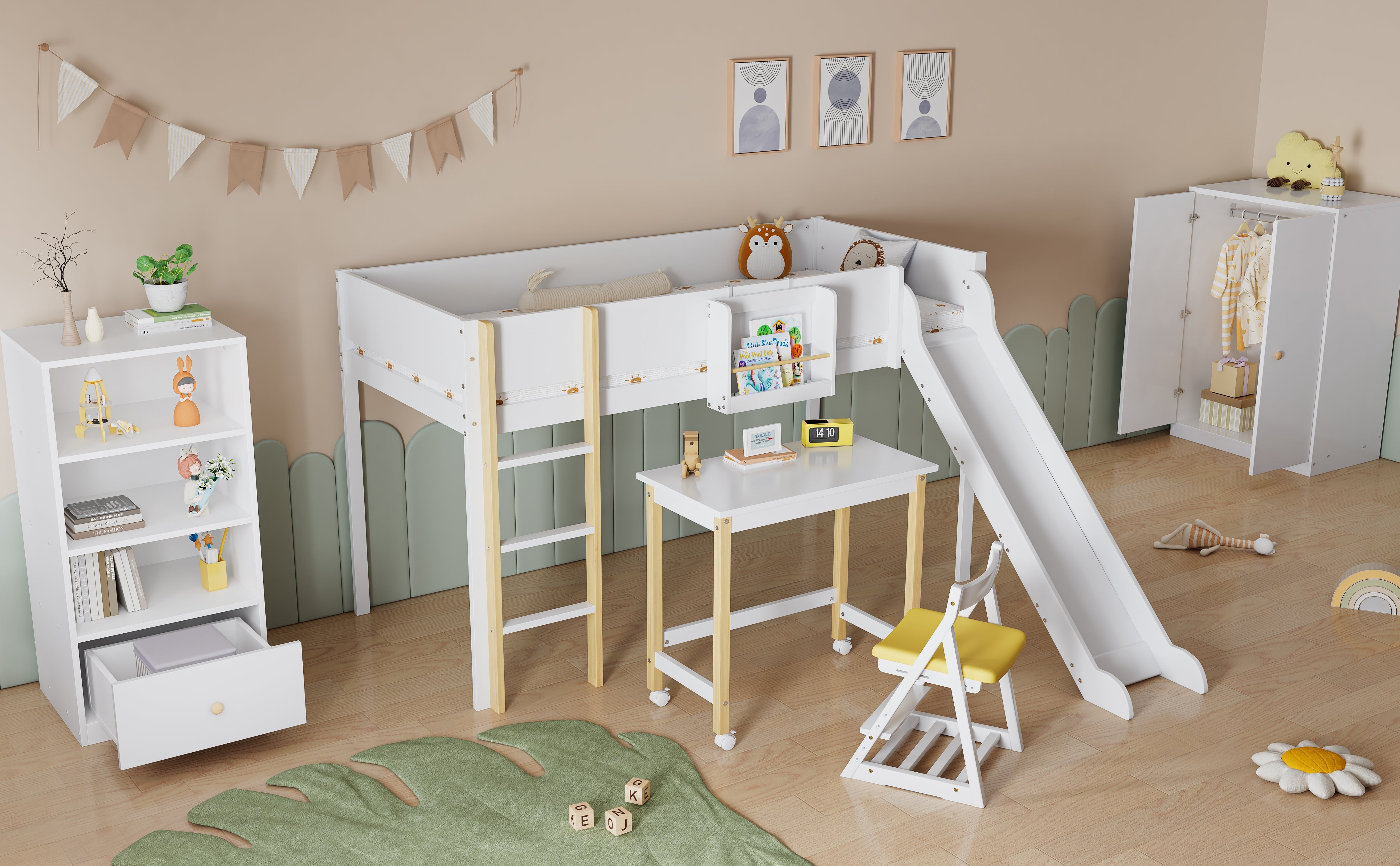 Logidon complete bedroom 3-piece loft bed with slide white/natural