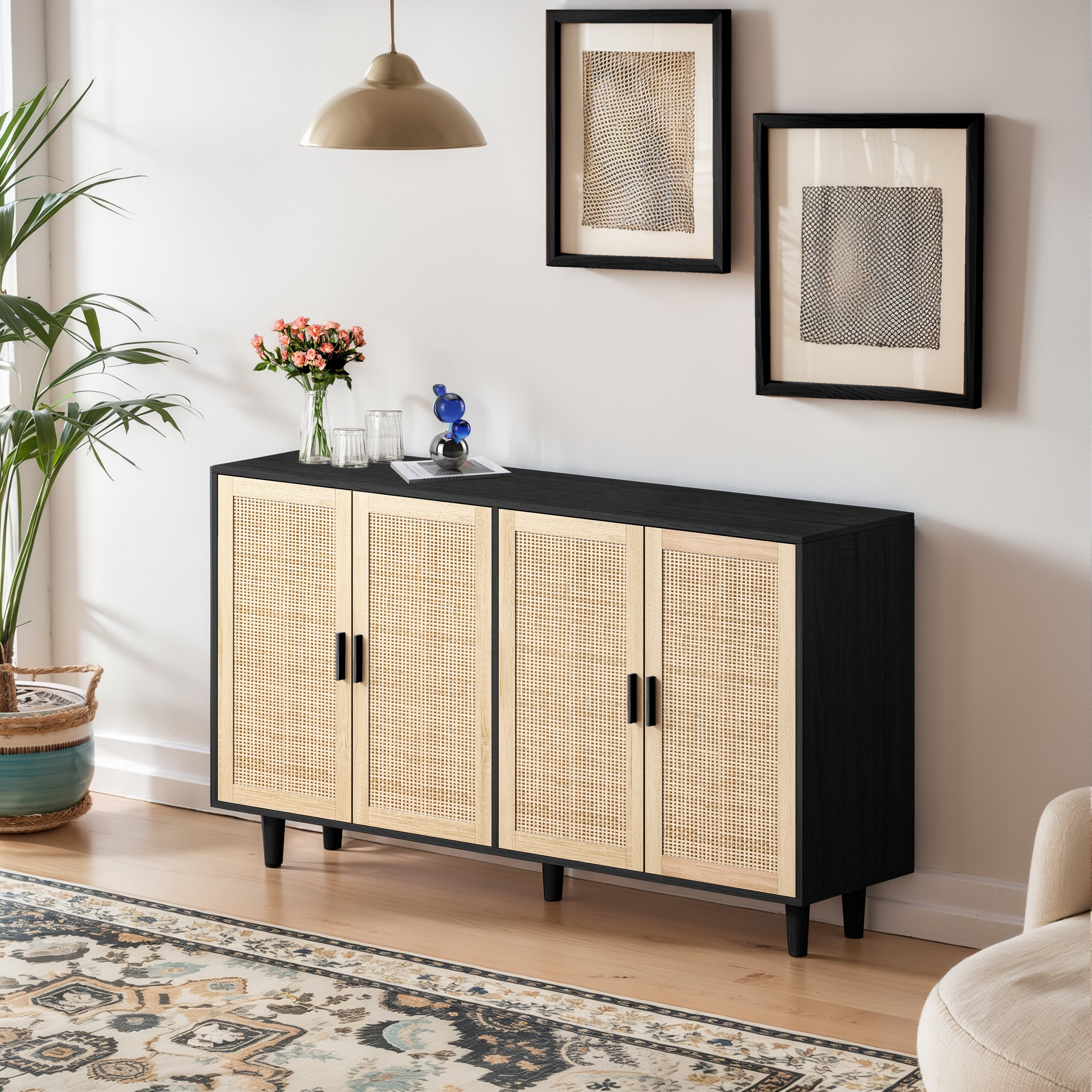Logidon 158 cm elegante rotan opbergkast met 4 deuren zwart