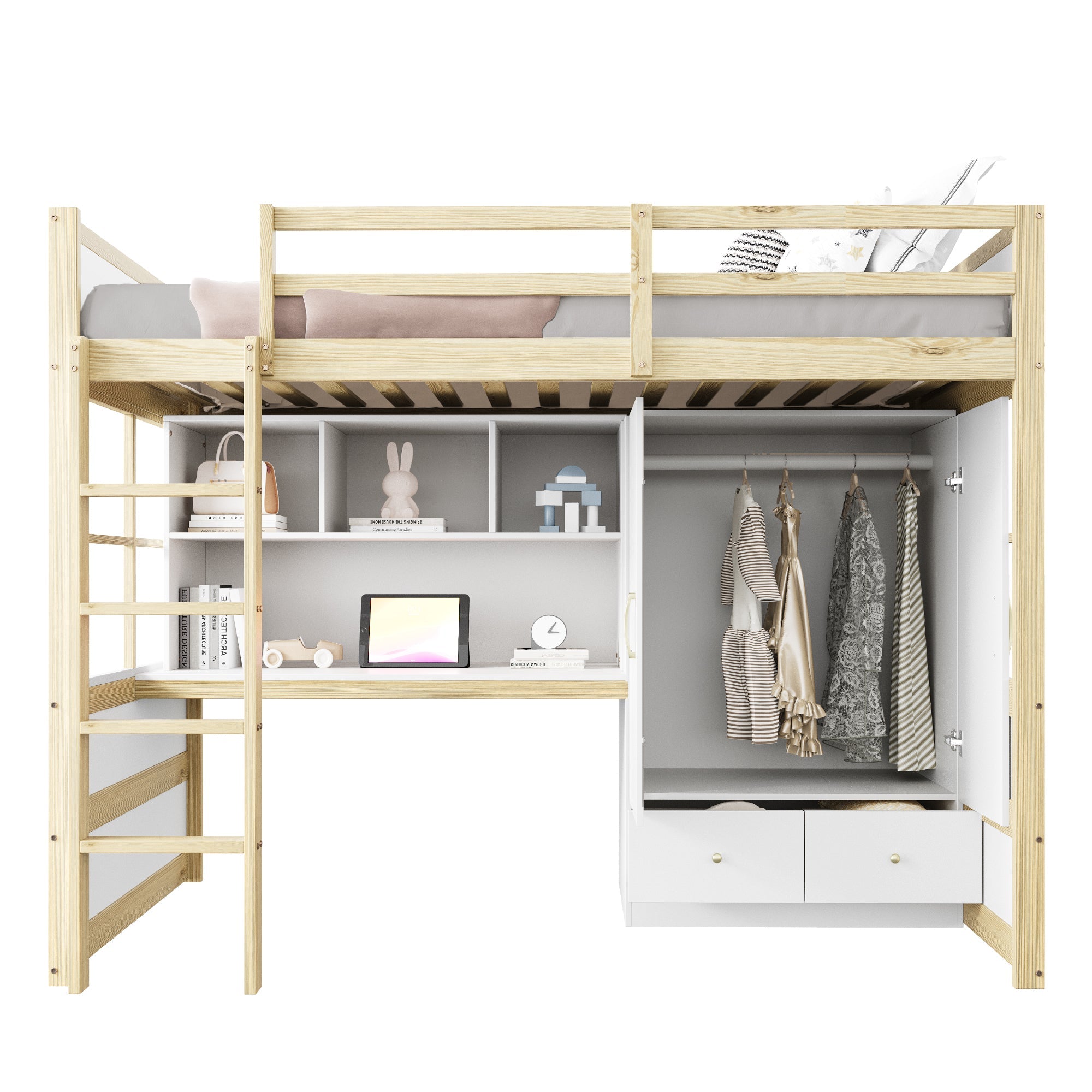 Logidon hoogslaper 90x200 cm met bureau en opbergruimte naturel hout