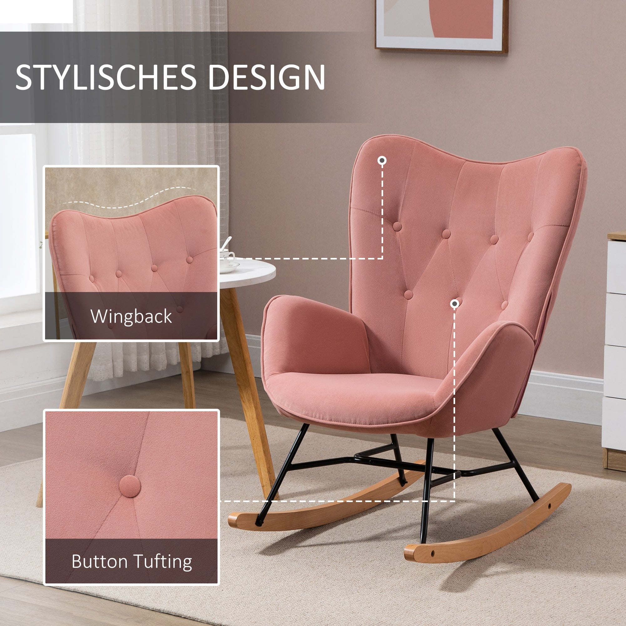 Logidon Roze Schommelstoel Met Hoge Rug En Polyester Hoes
