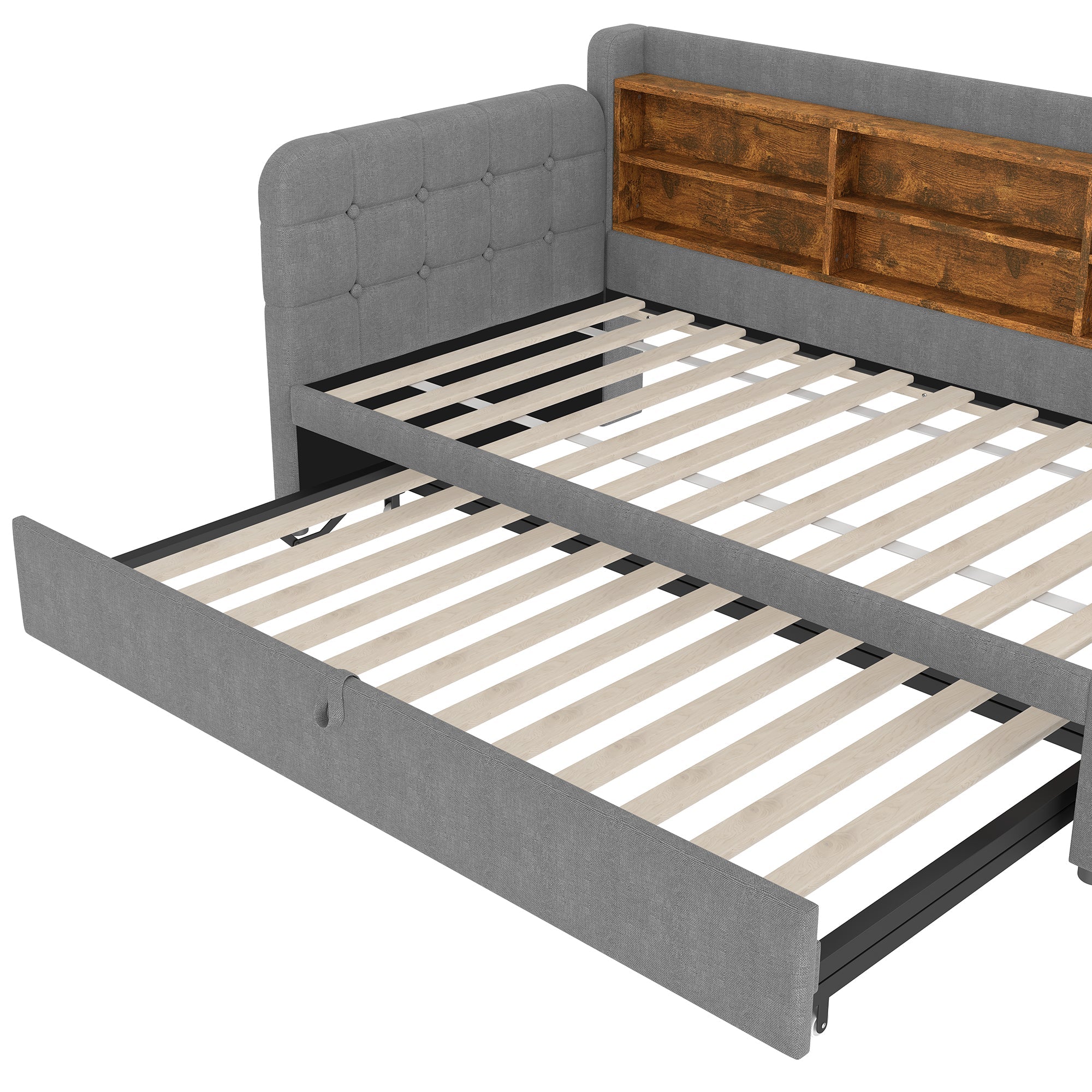 Logidon Daybed 90x200cm grijs linnen uitschuifbare slaapbank USB Type C