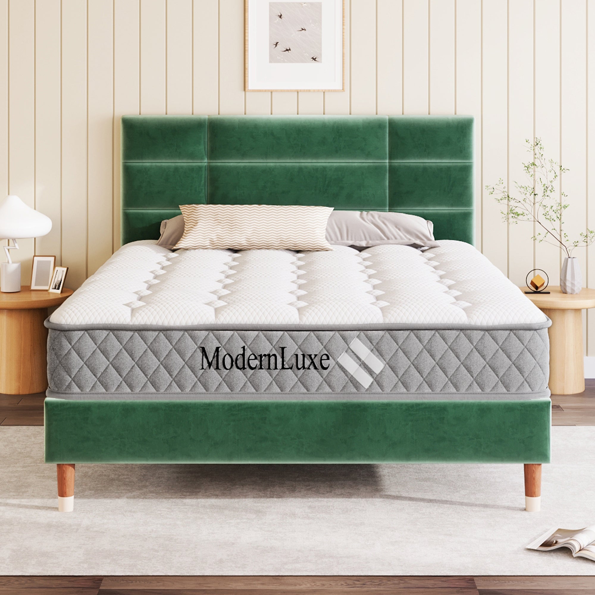 Logidon gestoffeerd bed tweepersoonsbed 140x200 donkergroen fluwelen lattenbodem