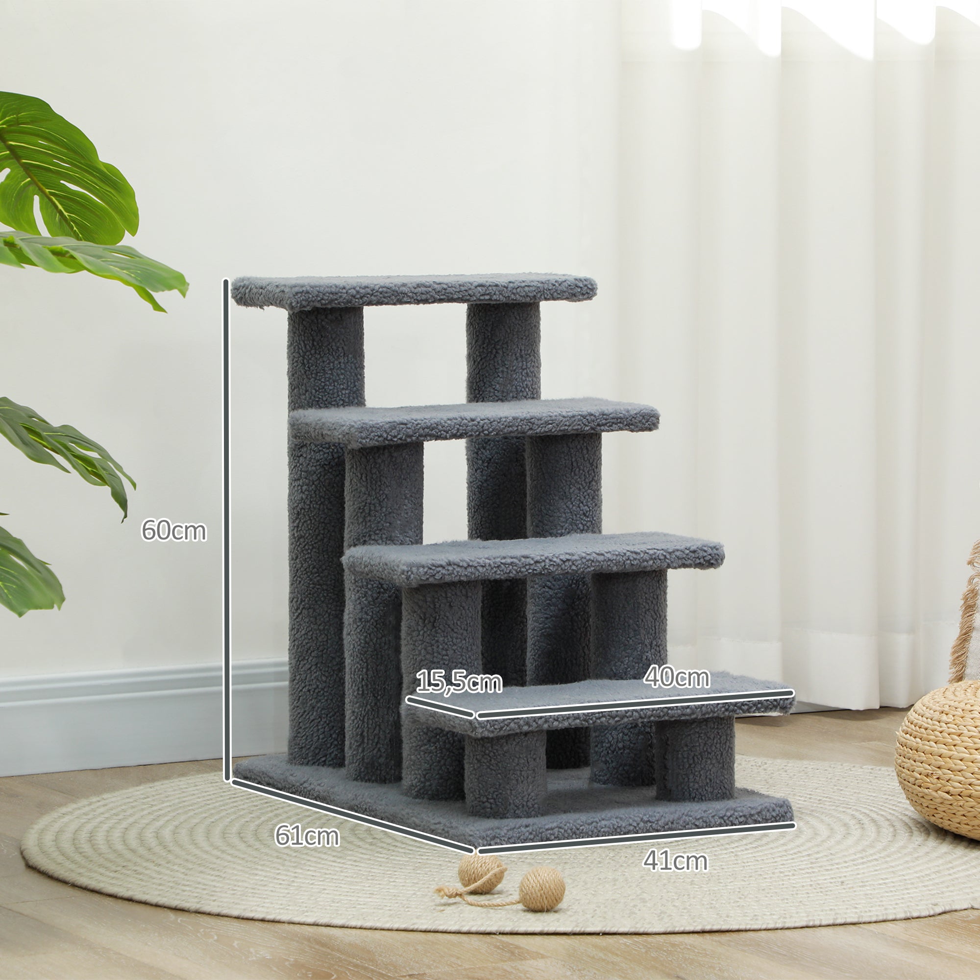 Logidon Kattentrap Hondentrap 4 treden Grijs 63x43x60 cm met pluche