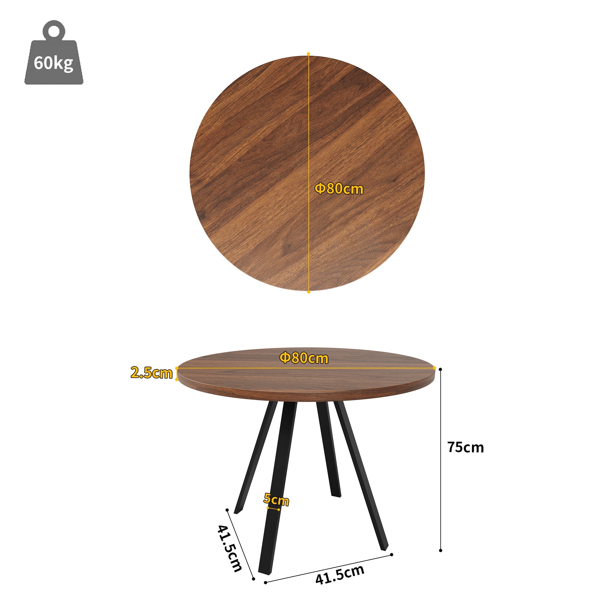 Logidon Ronde Eettafel Diameter 80 cm Walnoot Zwarte Poten