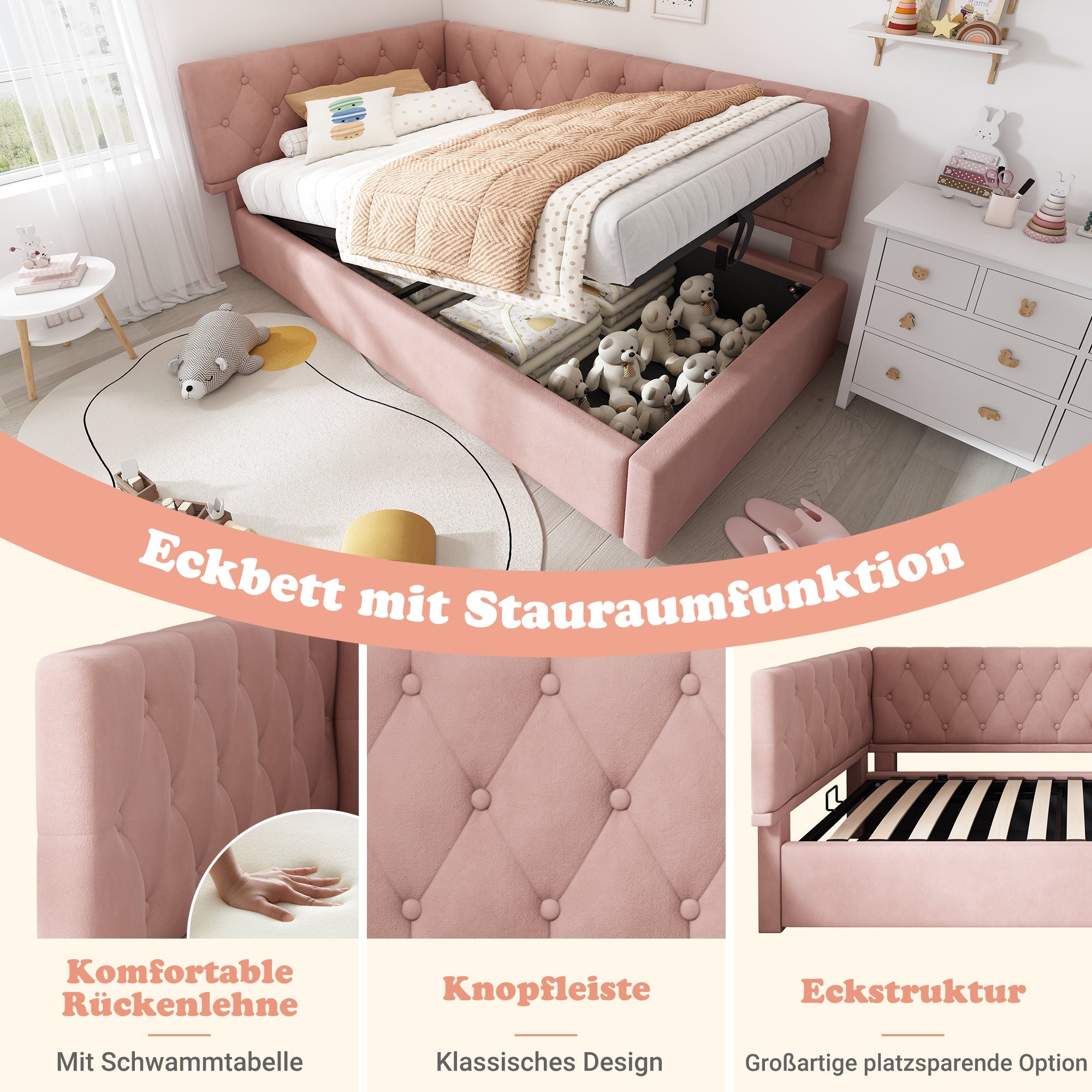 Logidon slaapbank 90x190 roze fluweel met hydraulische opbergruimte