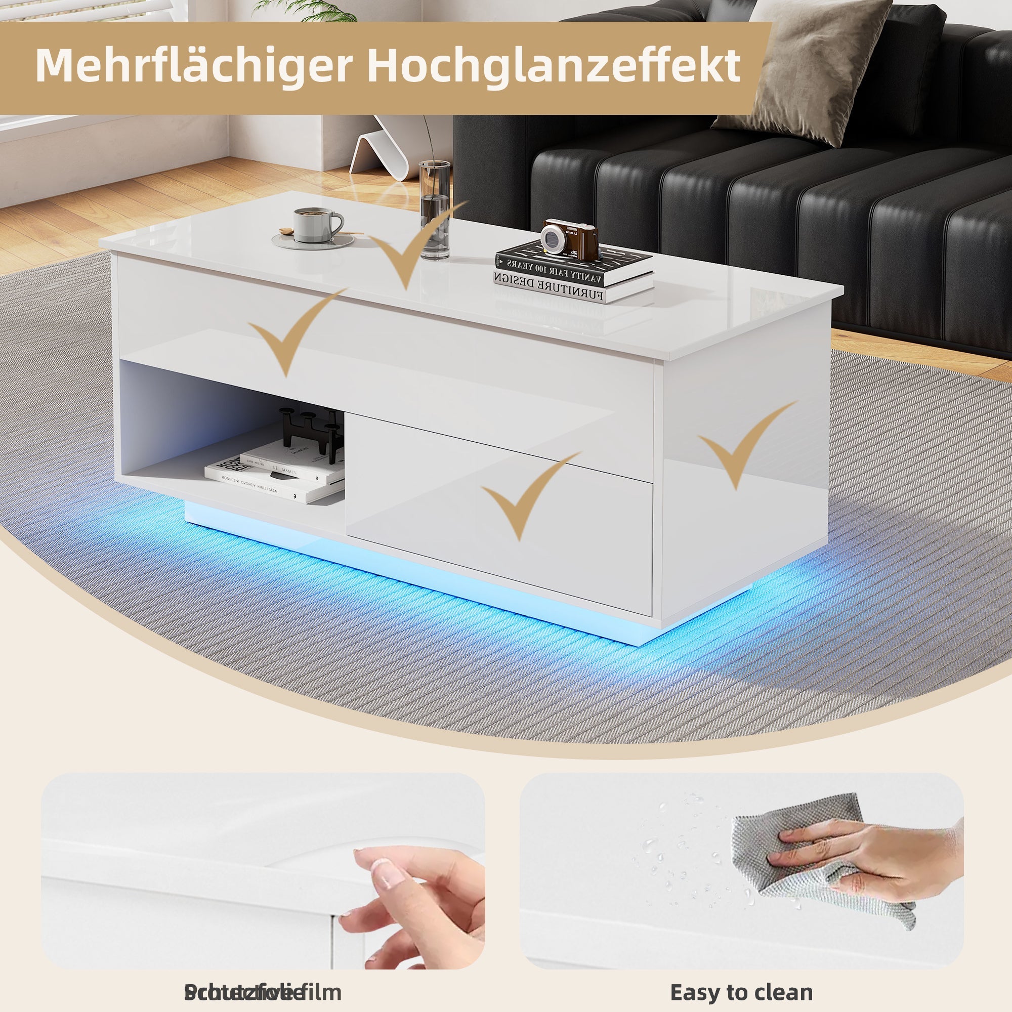 Logidon hoogglans hefsalontafel 100 x 50 cm witte LED-verlichting