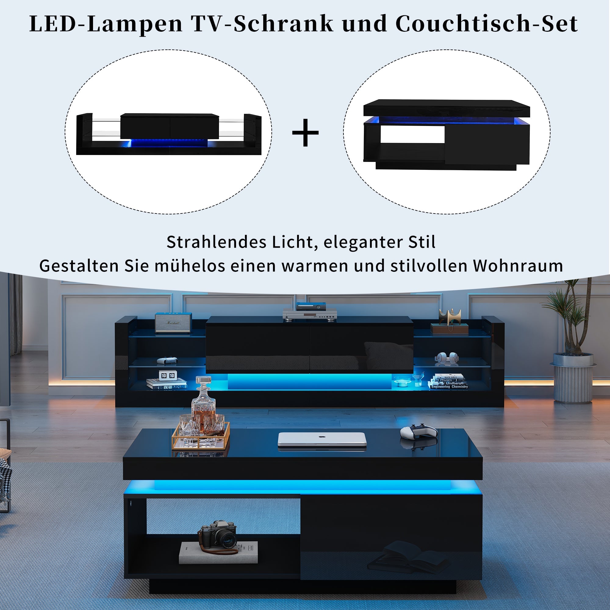 Logidon TV wall cabinet set black high gloss with LED lighting 181cm