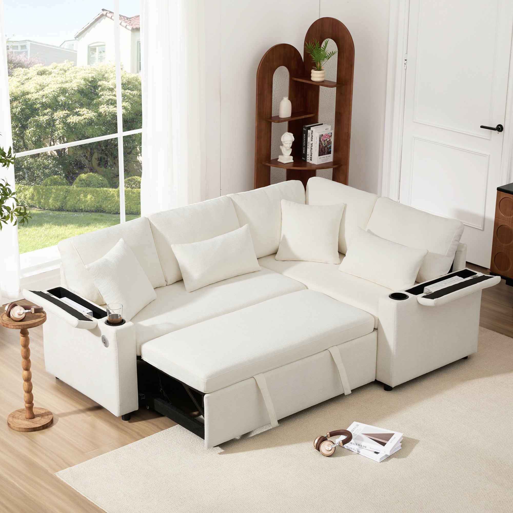 Logidon L-vorm hoekbank beige slaapbank opbergruimte USB-oplaadpoort