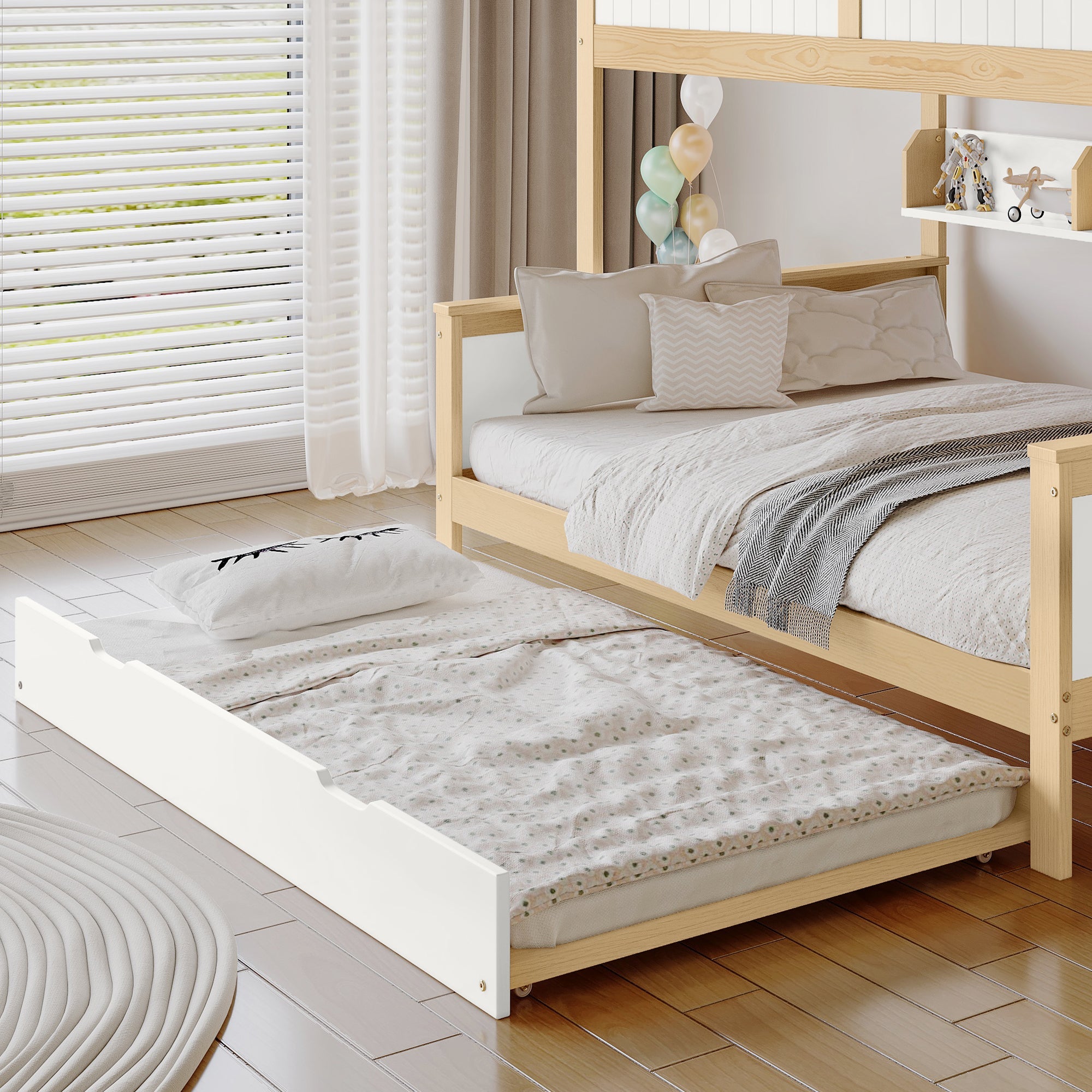 Logidon stapelbed naturel raster hoektrap onderschuifbed 90x200 120x200