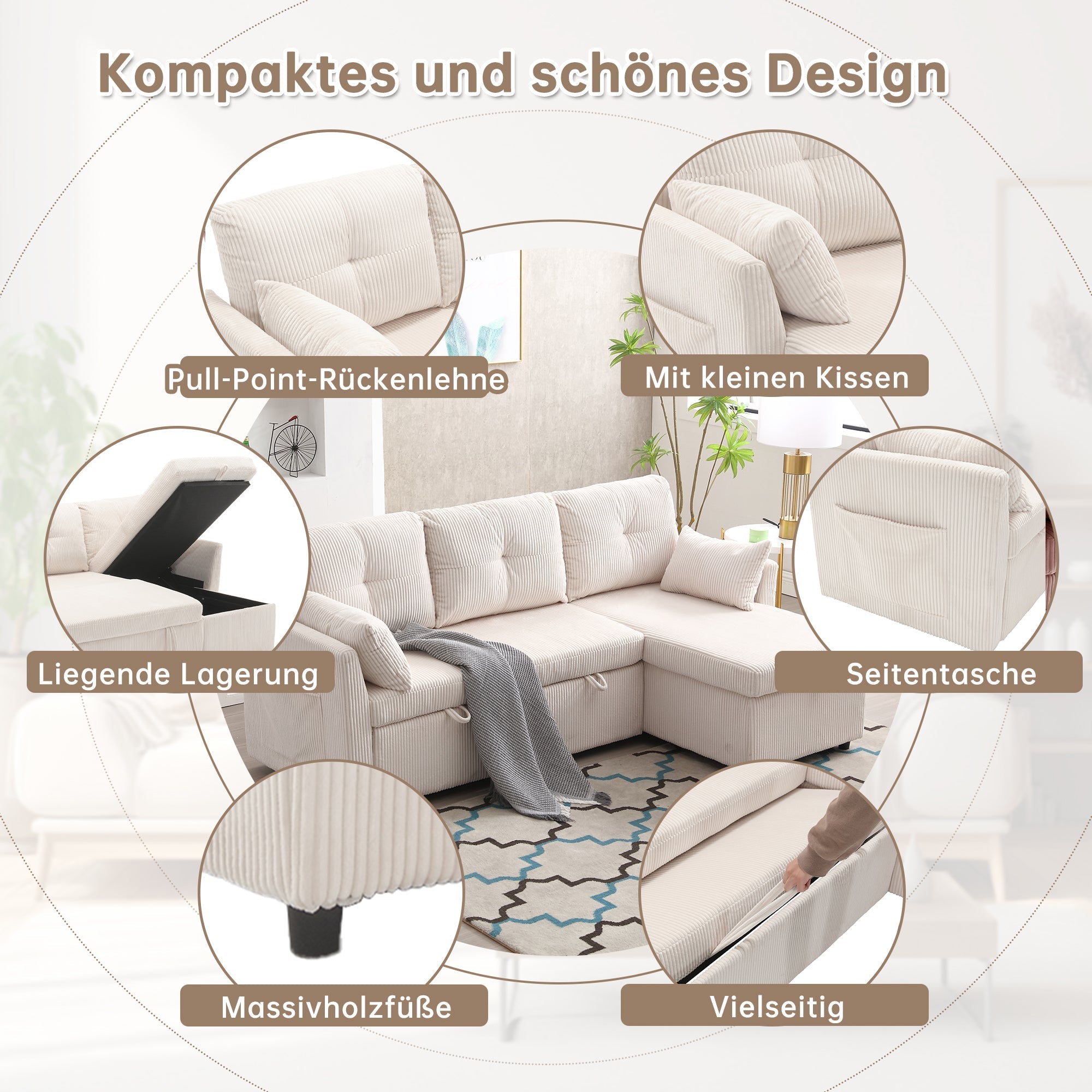 Logidon sofa bed with storage space and pull-out bed beige velvet cover
