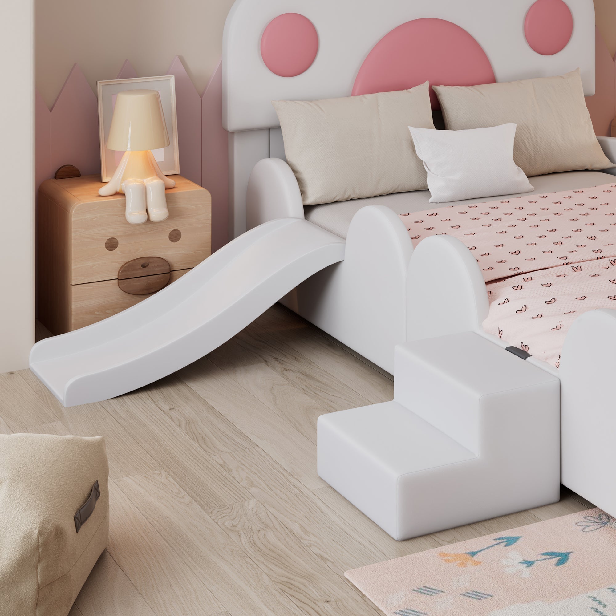 Logidon gestoffeerd bed 90x200 cm wit roze met kattenpoot hoofdeinde