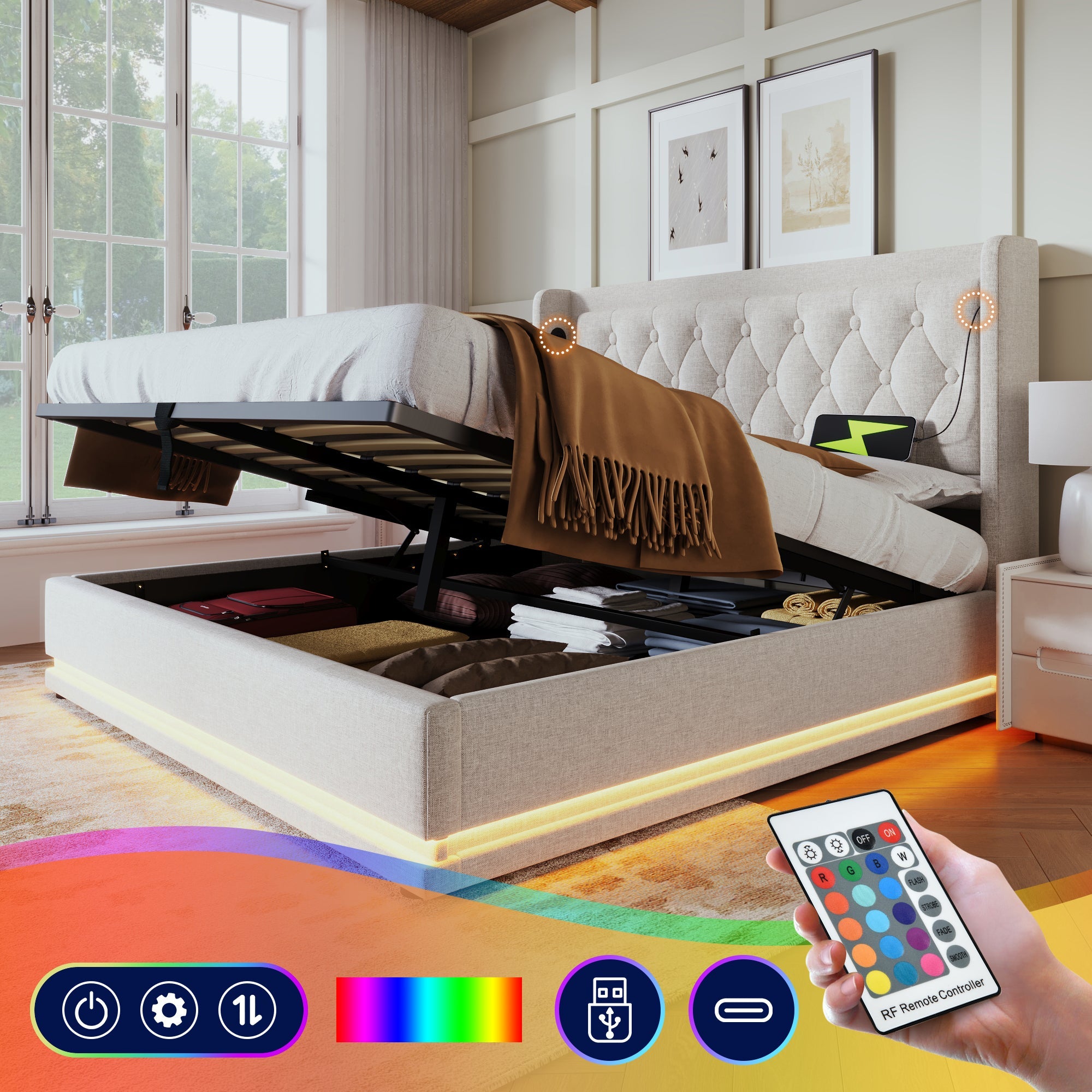Logidon gestoffeerd bed 160x200 cm beige met USB Type C oplaadfunctie