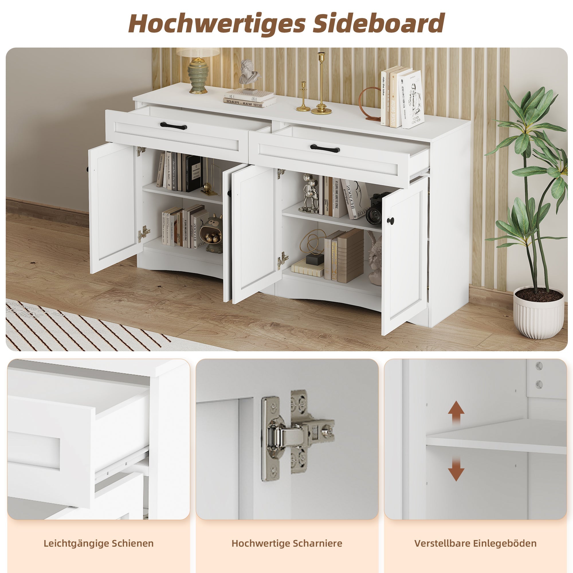 Logidon Dressoir 160 x 40 x 85 cm – Wit dressoir met 2 lades