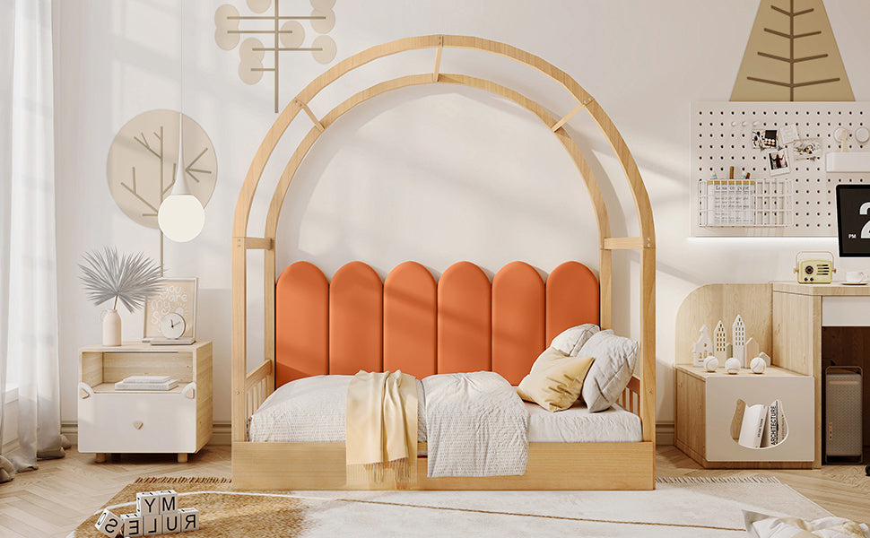 Logidon Uitschuifbaar boogdakbed 140x100 140x200 naturel oranje