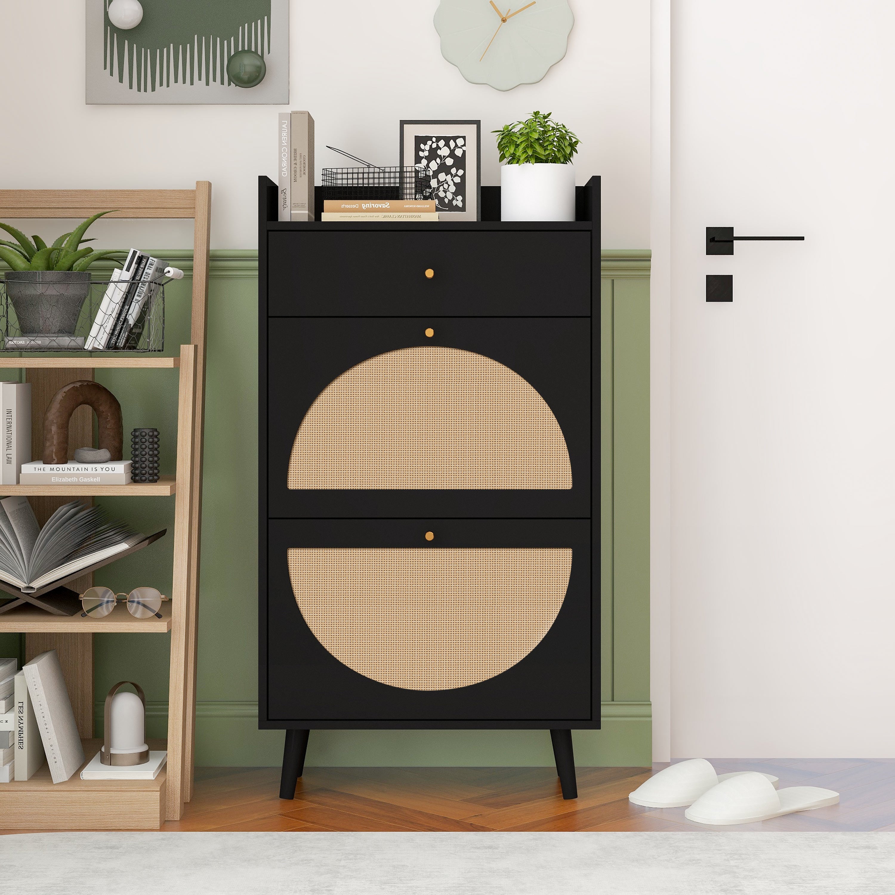 Logidon Schoenenkast Zwart Rotan Look Twee Deuren 60 cm Lengte