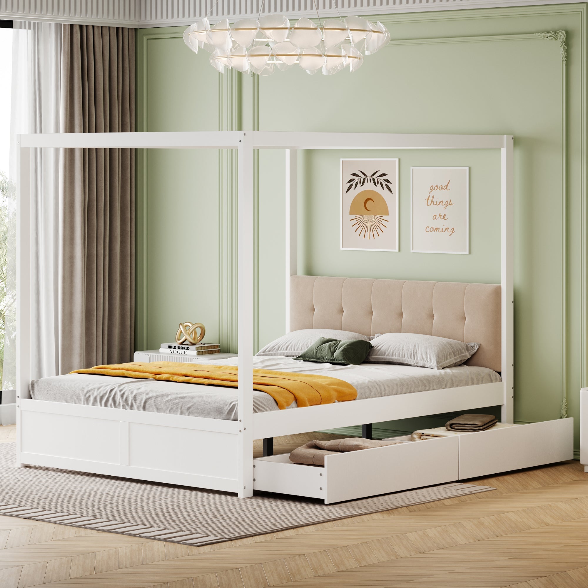 Logidon hemelbed 140x200 cm wit hout met grote opbergruimte
