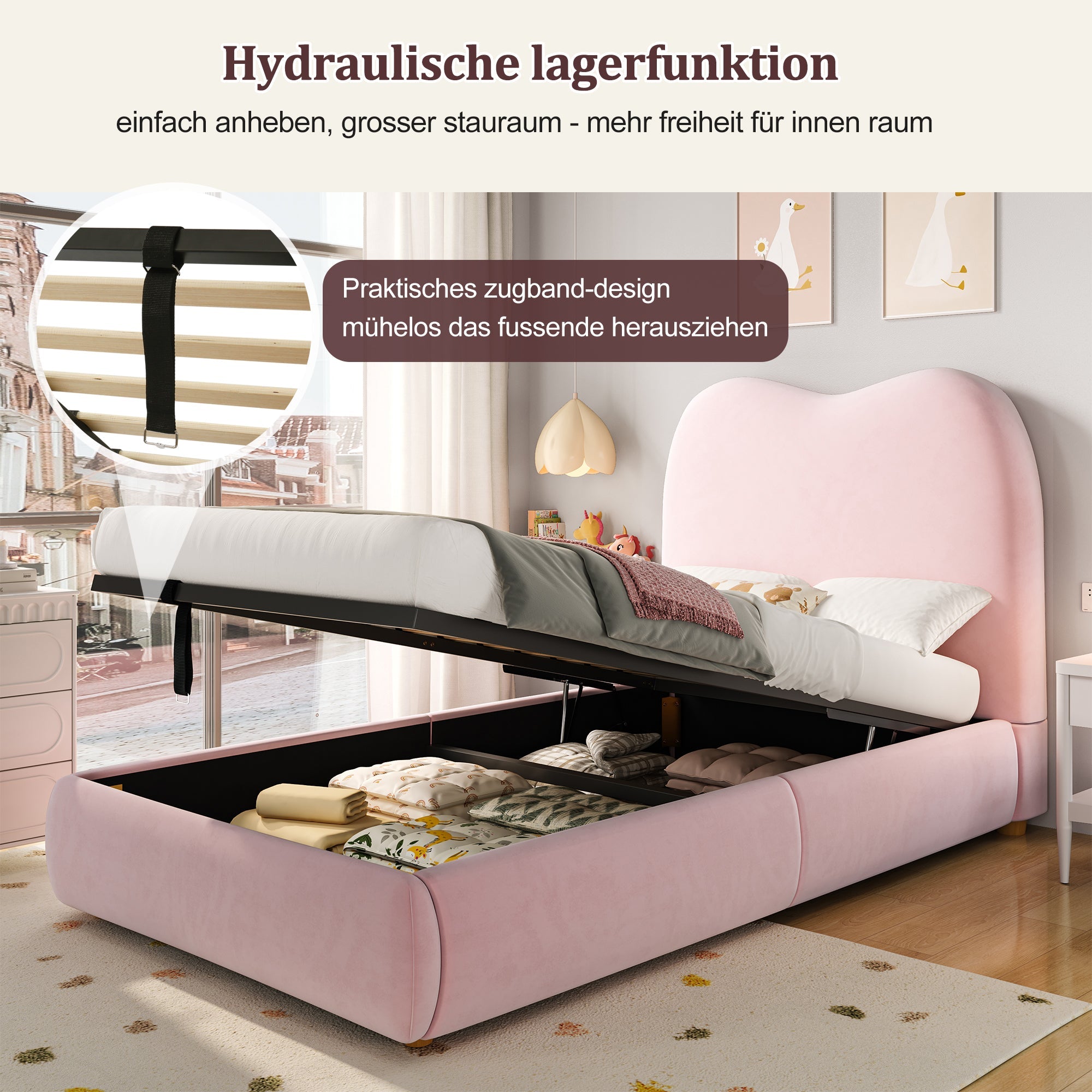 Logidon Gestoffeerd Bed Roze 90x200 cm Hydraulisch bed met opbergruimte