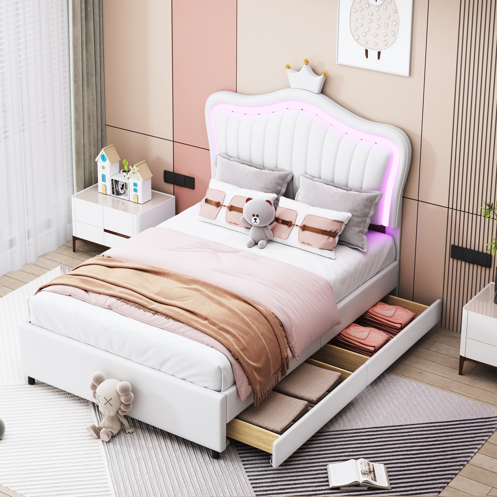 Logidon kinderbed 90x200 wit kroonbedframe LED opbergruimte