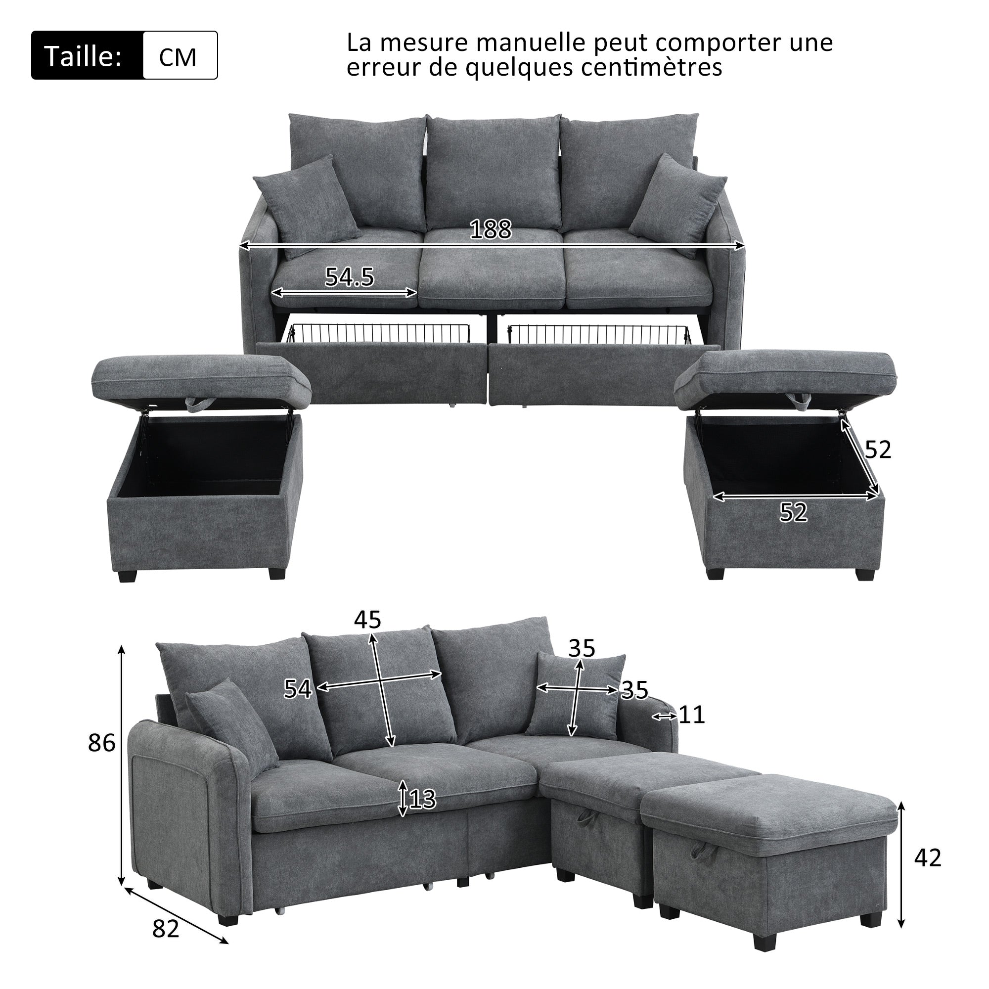 Logidon hoekbank U-vorm 3-zits grijs chenille en slaapfunctie