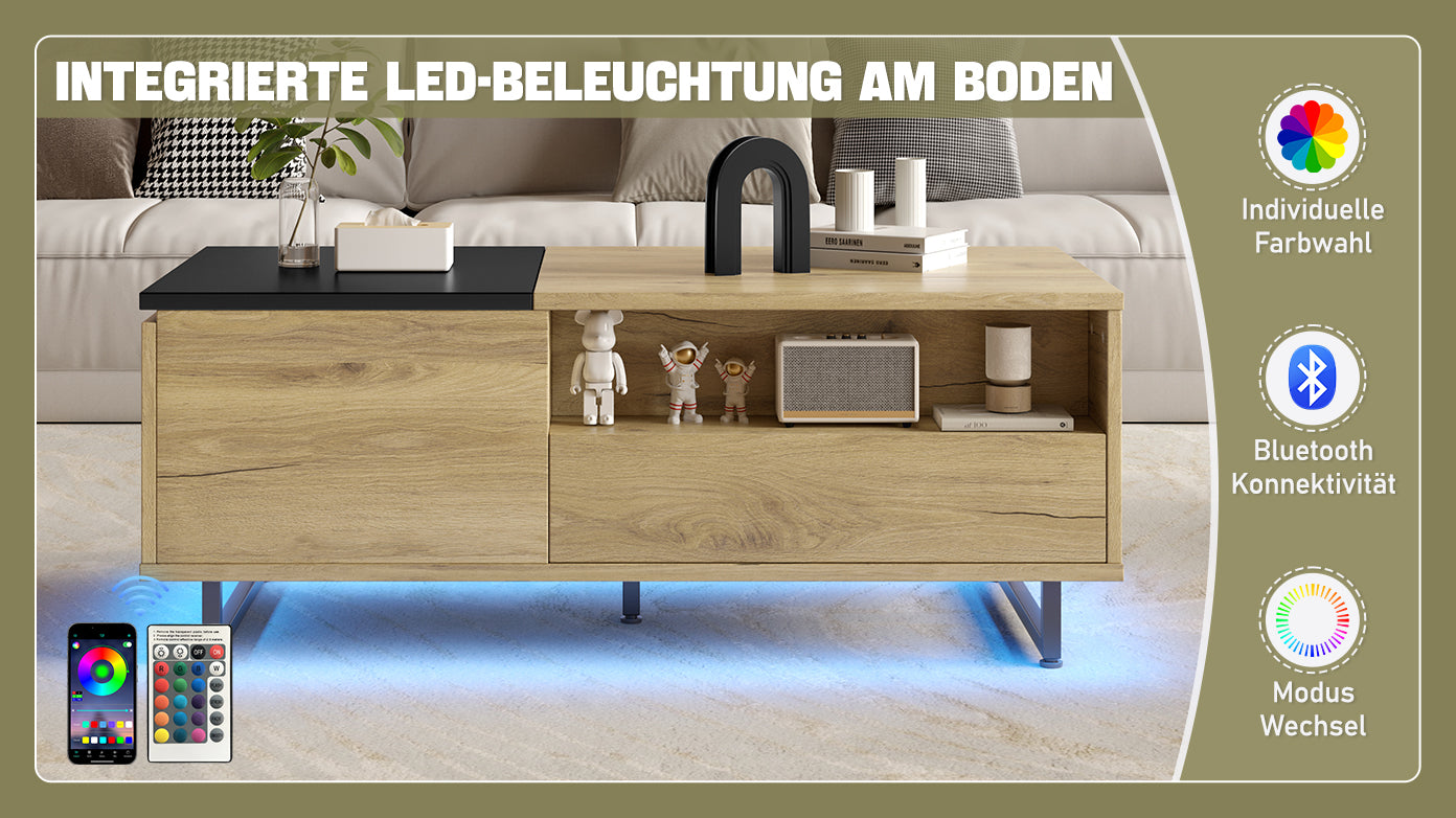 Logidon In hoogte verstelbare salontafel met LED-verlichting en opbergruimte