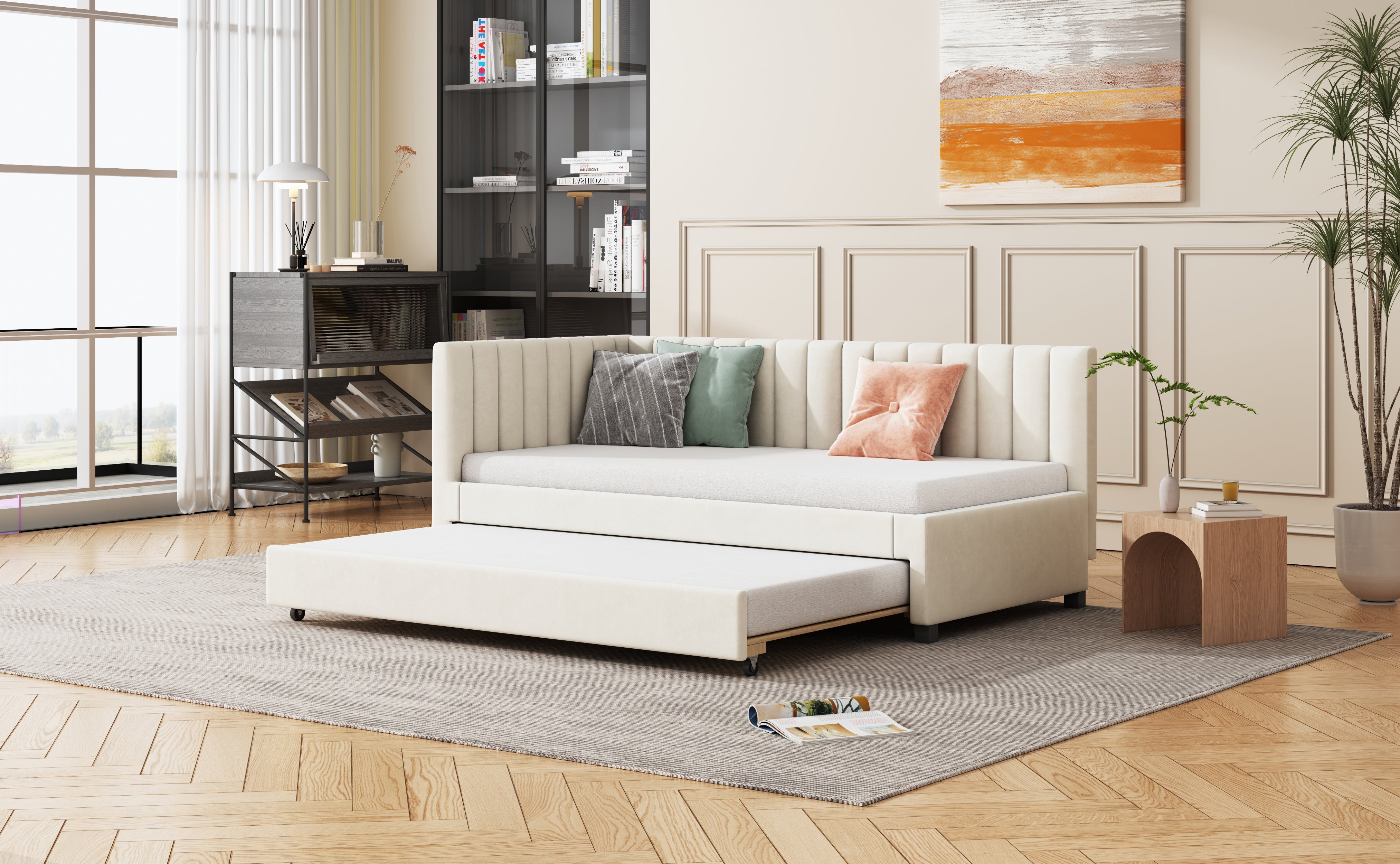 Logidon gestoffeerd bed 90x200 beige fluwelen stof uitschuifbare slaapbank