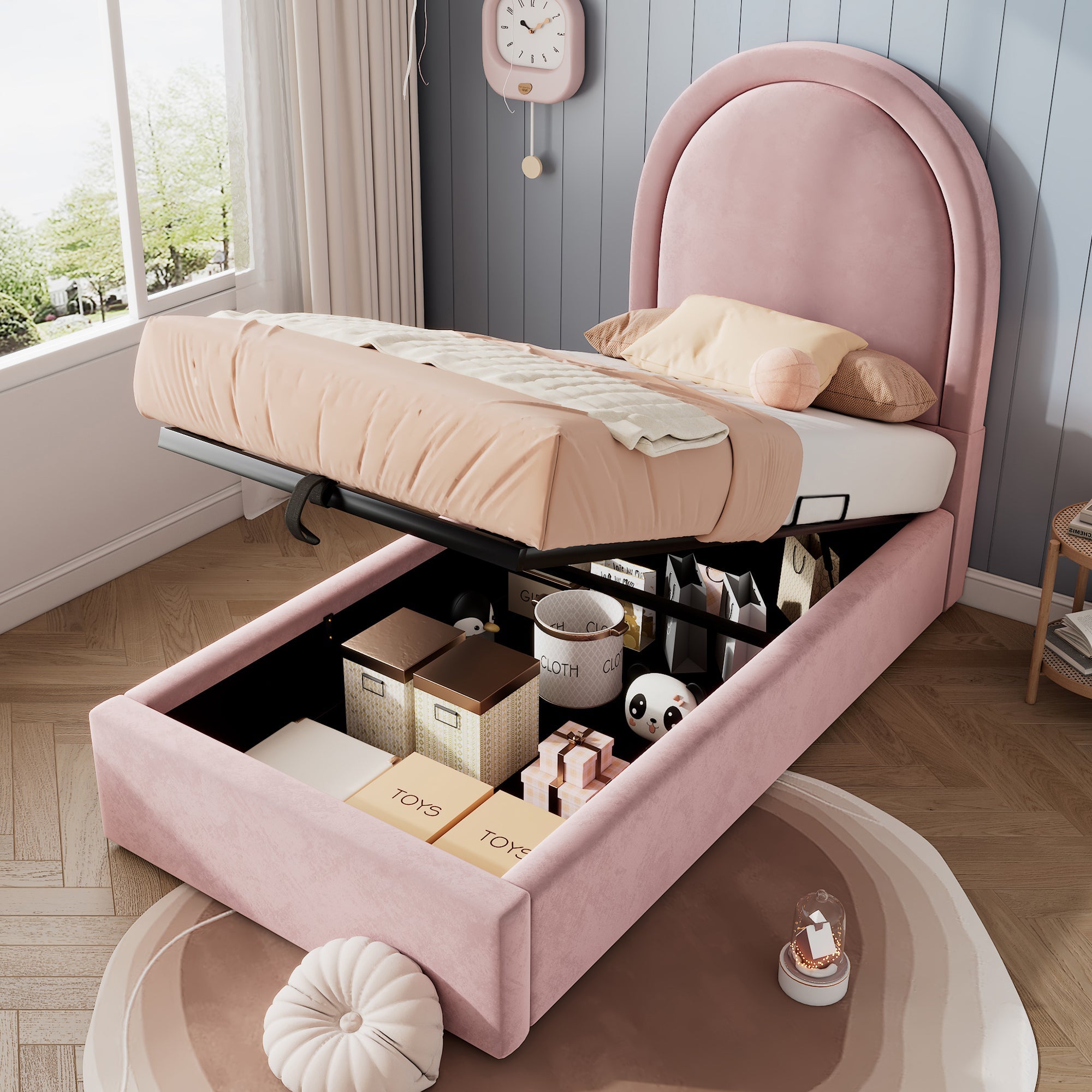 Logidon gestoffeerd bed kinderbed roze 90x200 cm met matras