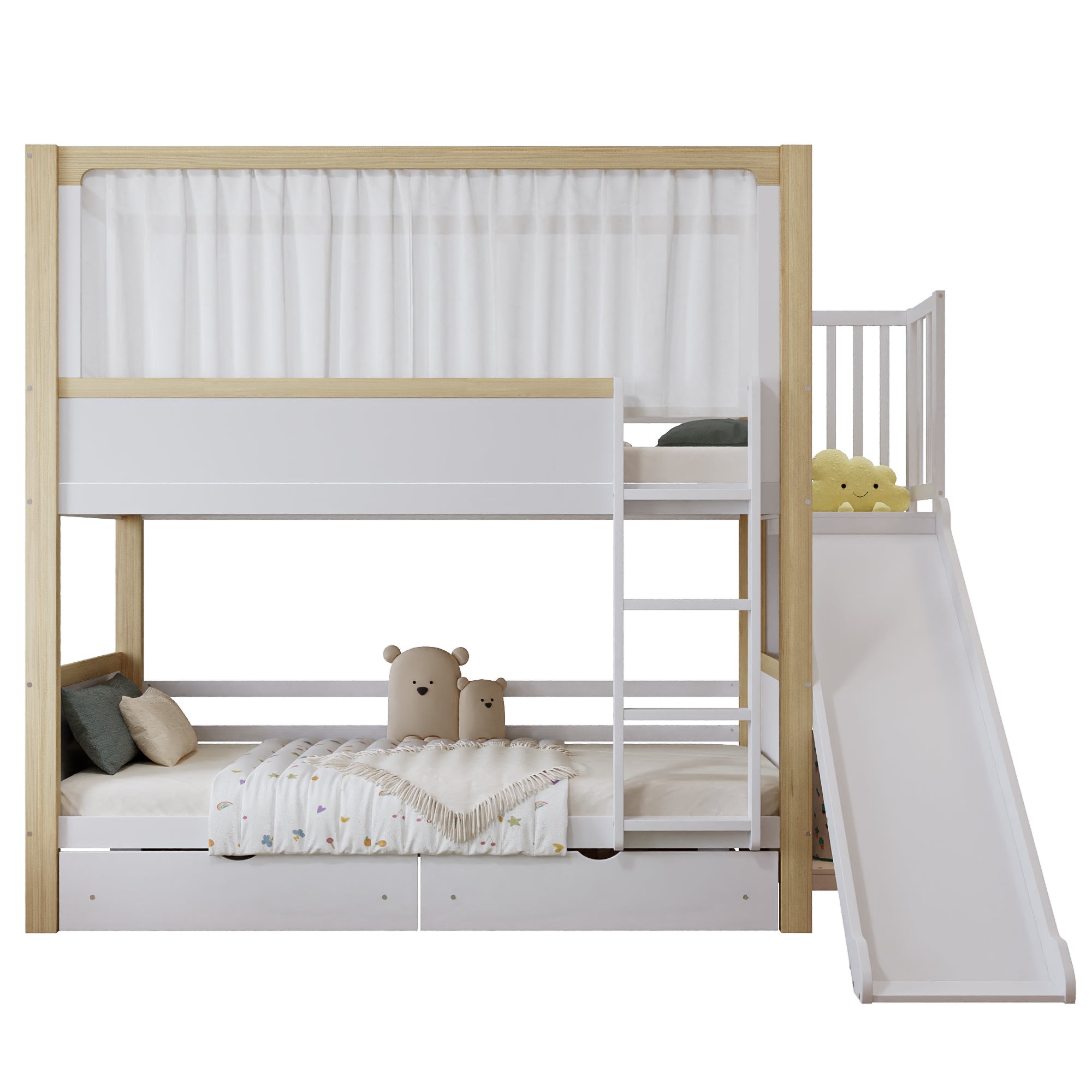 Logidon stapelbed 90x200 wit naturel met glijbaan en lades