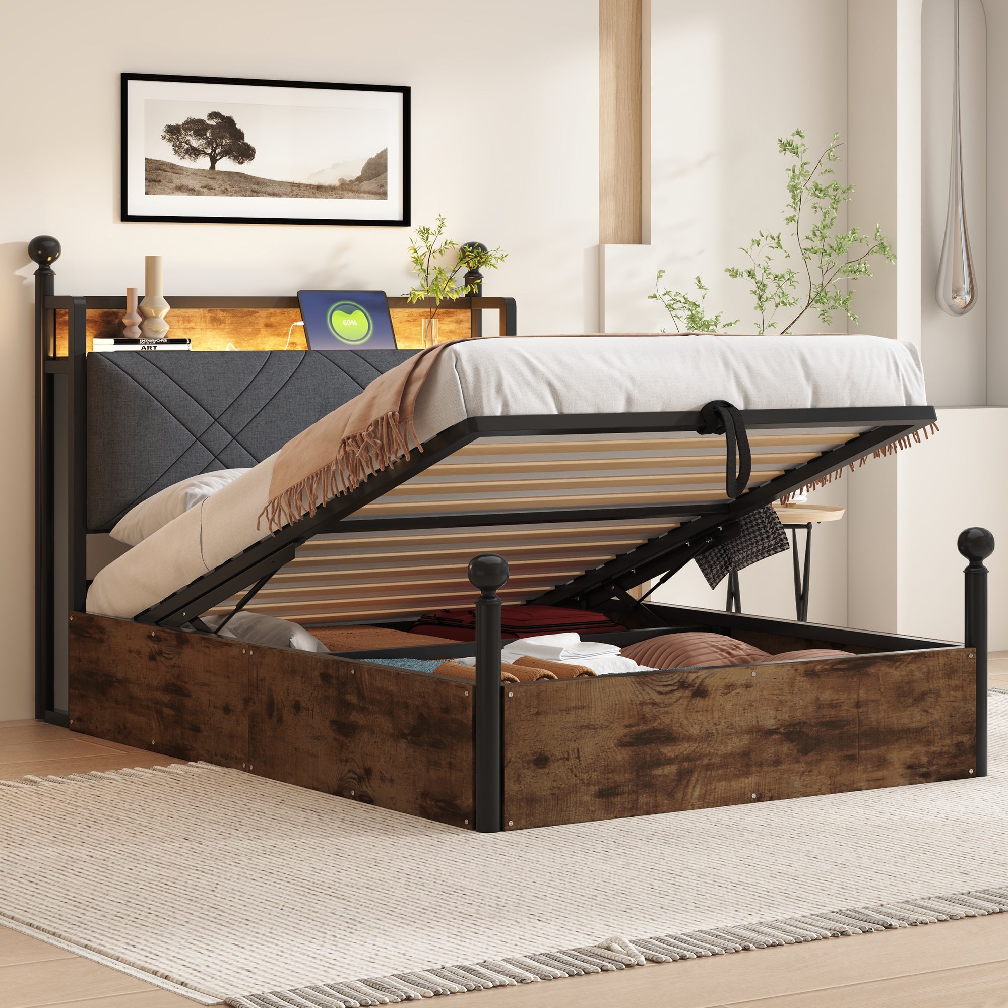 Logidon hemelbed 90x190 zwart met opbergruimte hydraulisch LED USB-C