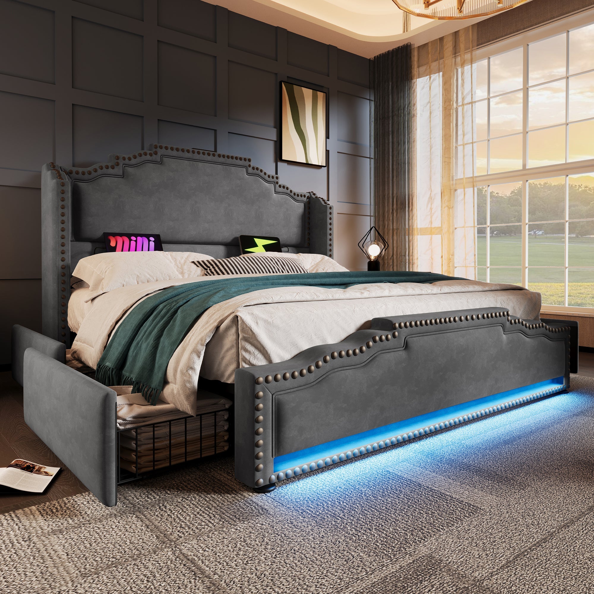 Logidon gestoffeerd bed 140x200 grijs fluweel met 4 lades en USB C