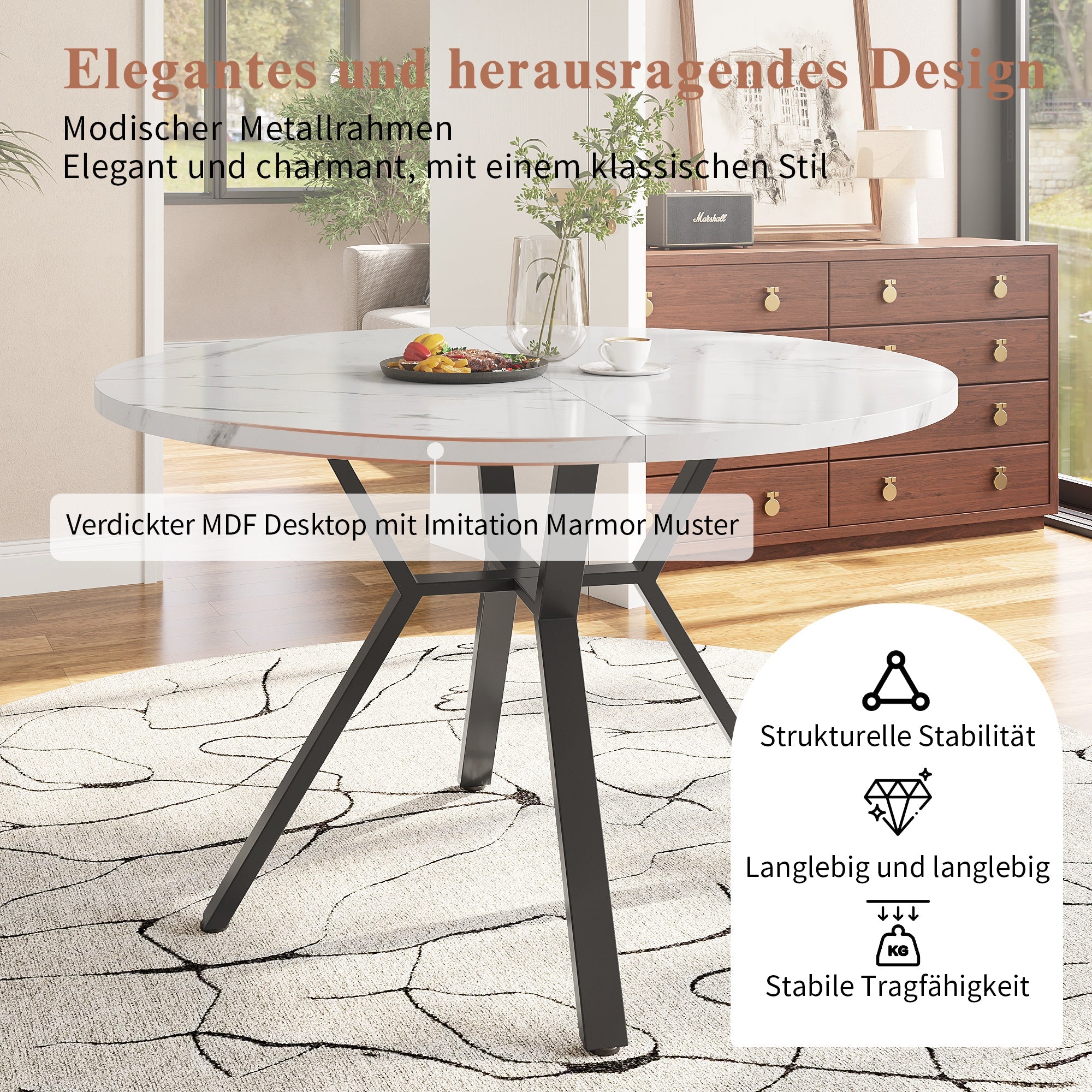 Logidon eettafel en stoelenset 5-delig rond wit marmerlook