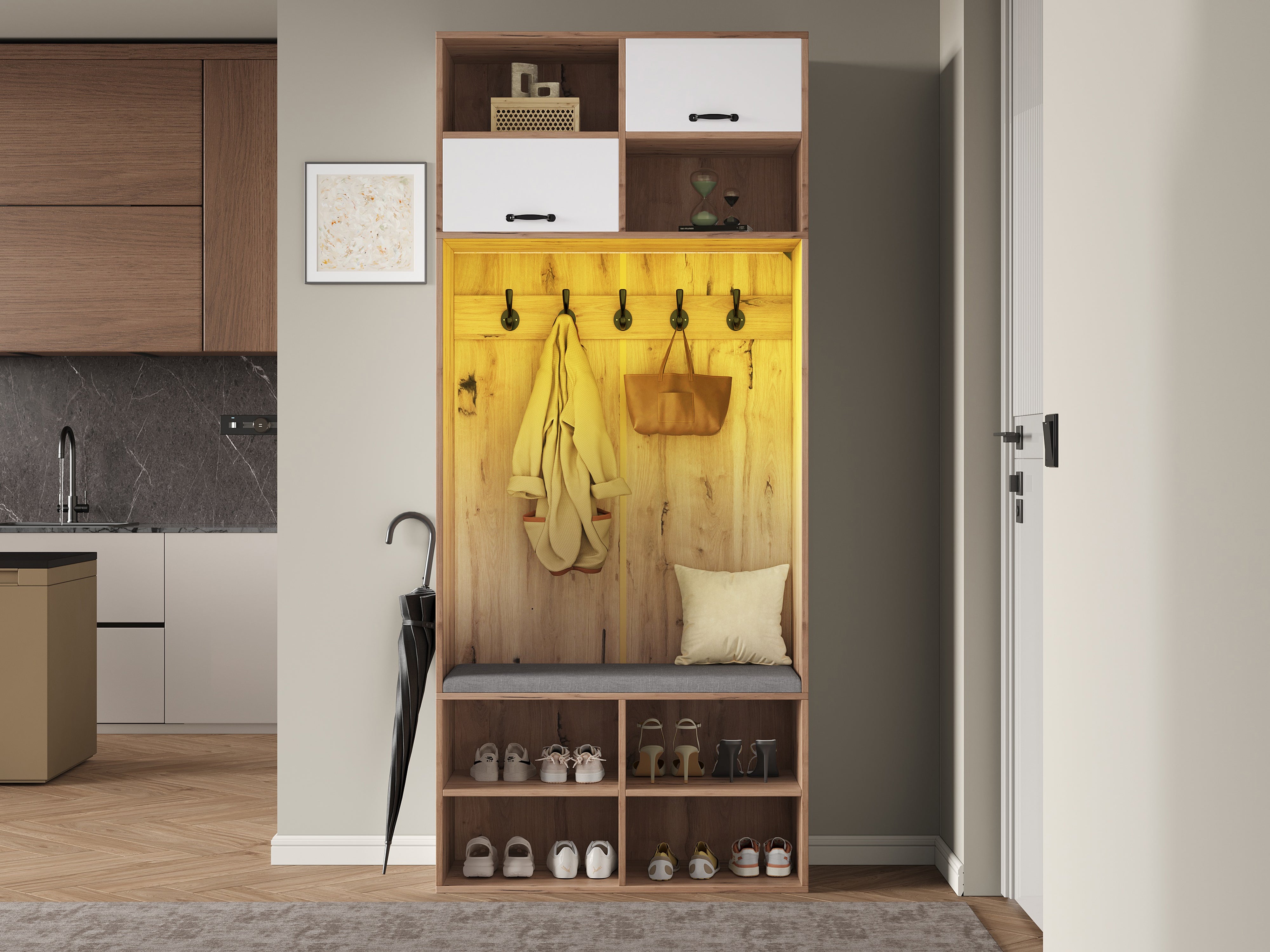Logidon garderobekast met bank en 5 haken naturel wit 80x35x185cm