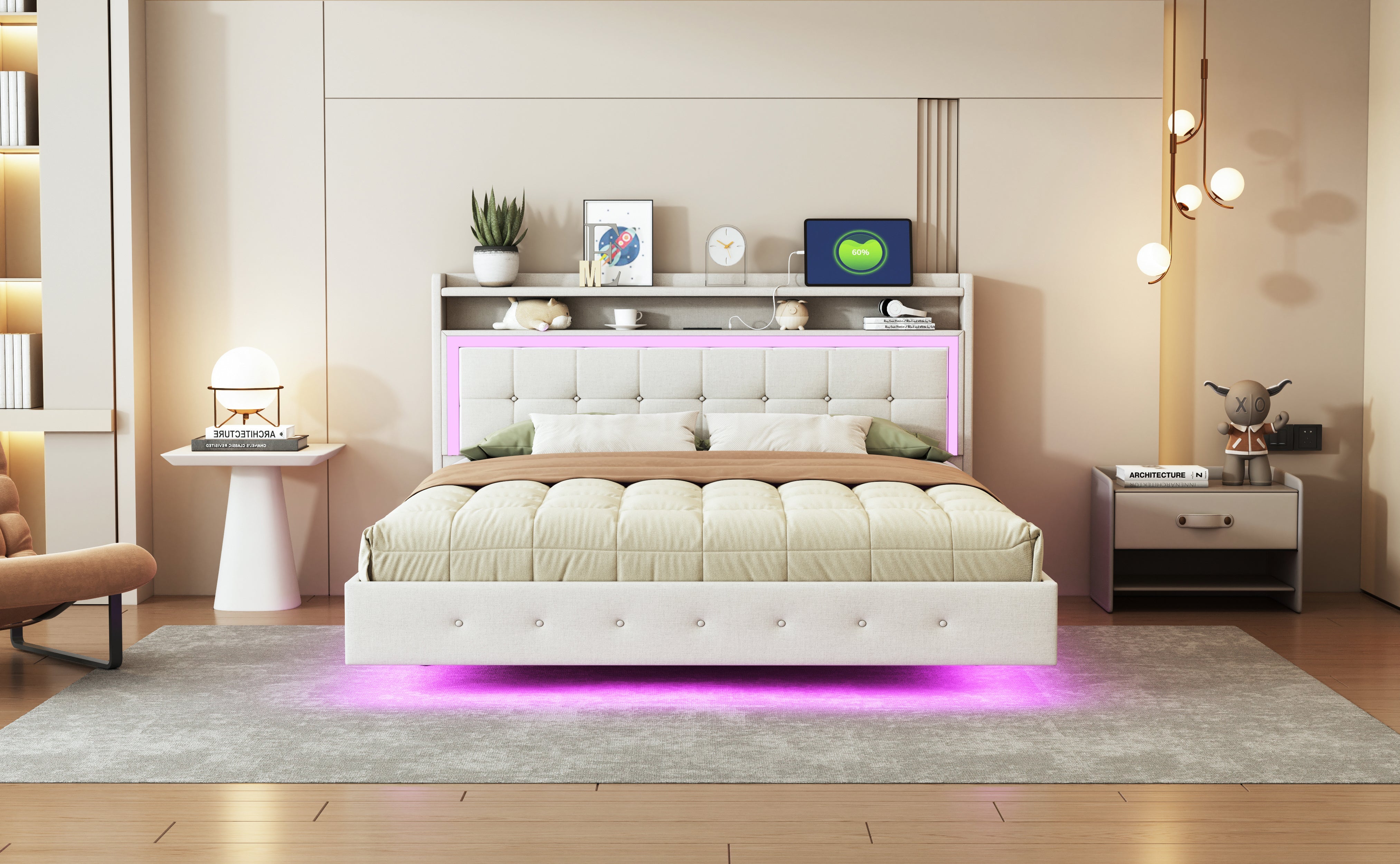 Logidon gestoffeerd bed 160x200 beige met USB-aansluiting en LED-verlichting