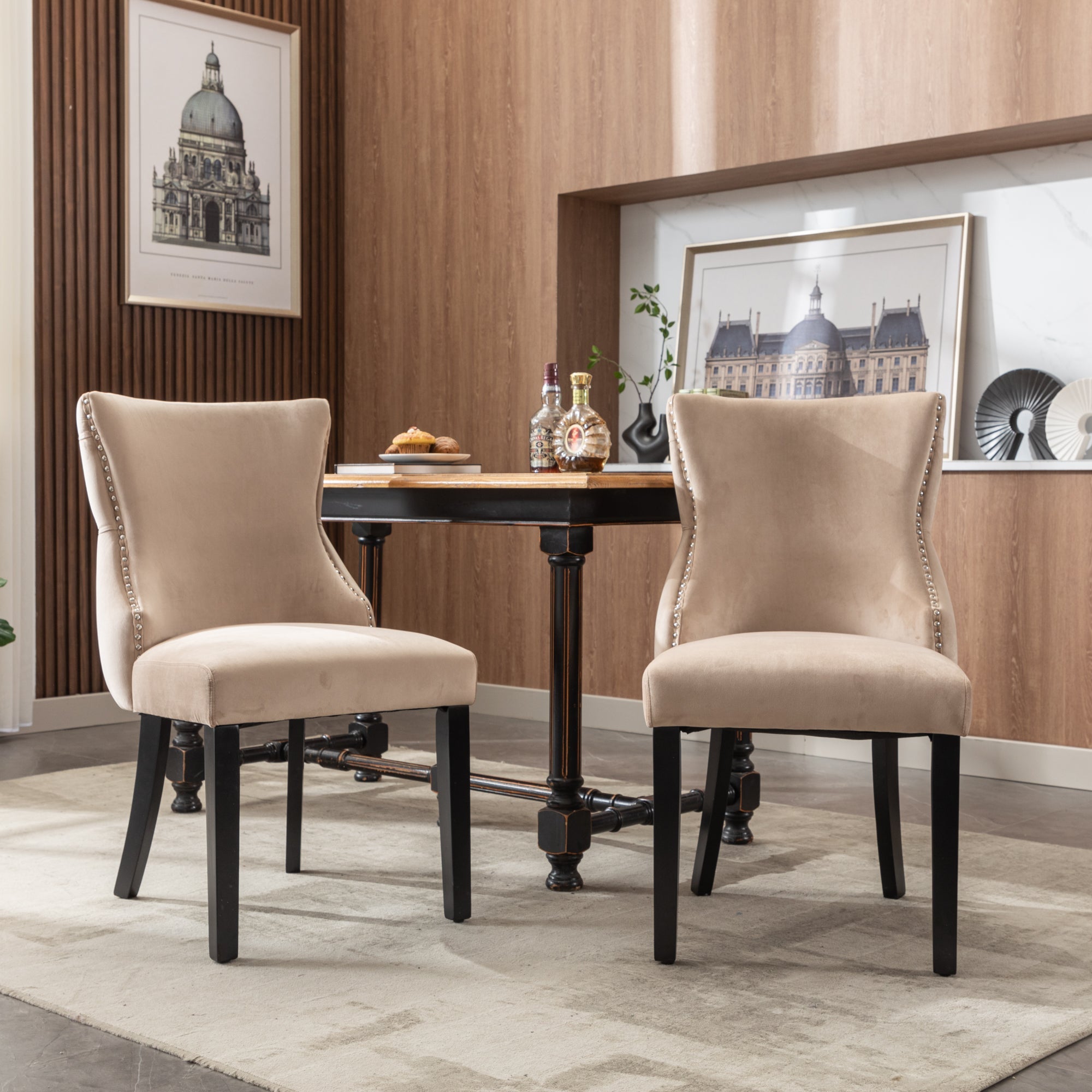 Logidon 4-foot chair beige velvet button quilting solid wood frame set of 2